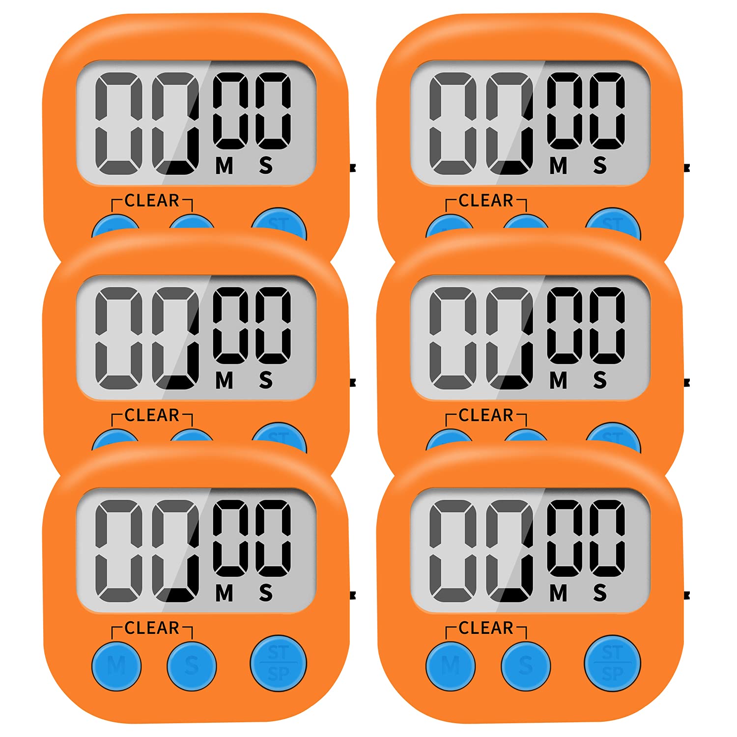 6 Pack Small Digital Kitchen Timer Magnetic Back and ON/Off Switch,Minute Second Count Up Countdown (Orange)