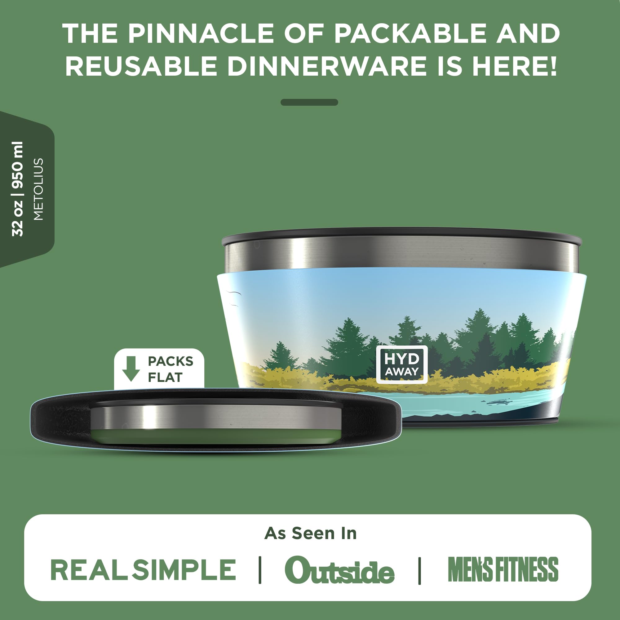 HYDAWAY Collapsible Insulated Bowl - 1 Quart Silicone, Spill-Proof, Metolius Color, Model HIB32MET, Ideal for Camping & Travel