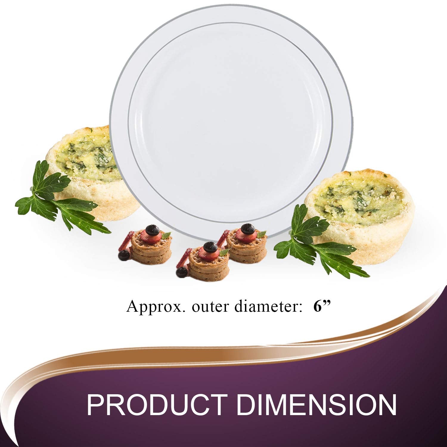 Elegant Disposable Plastic Dessert Plates 120 Pcs - 6'' Heavy Duty Fancy White Silver-Rimmed Appetizer Plates - Party Salad Cake