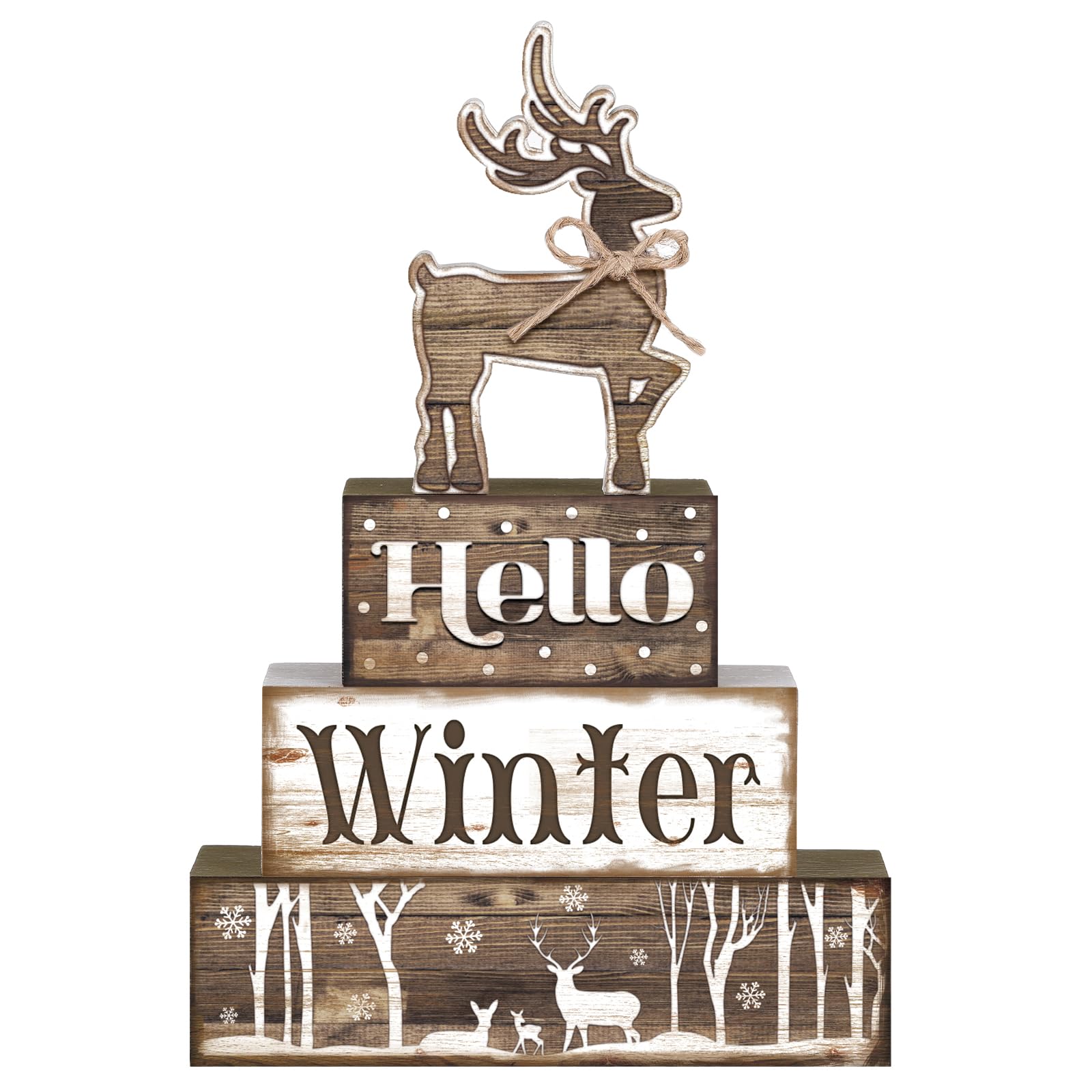 Moucuny 4 Pcs Hello Winter Table Decor Winter Tiered Tray Decor Elk Wooden Decorative Signage Centerpieces Farmhouse Wooden Bloc