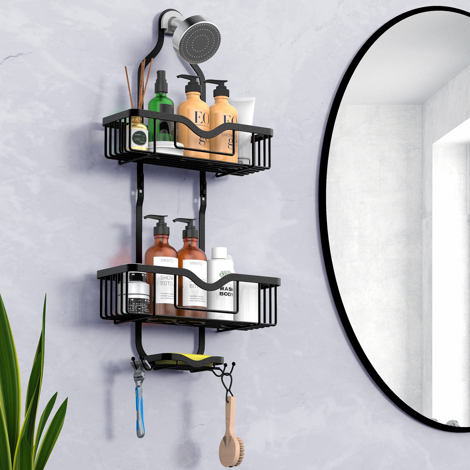 Kadolina Hanging Shower Caddy, Over Head Shower Caddy Shower Organizer Rack Basket With Soap Dish, Hooks For Razor And Sponge (M