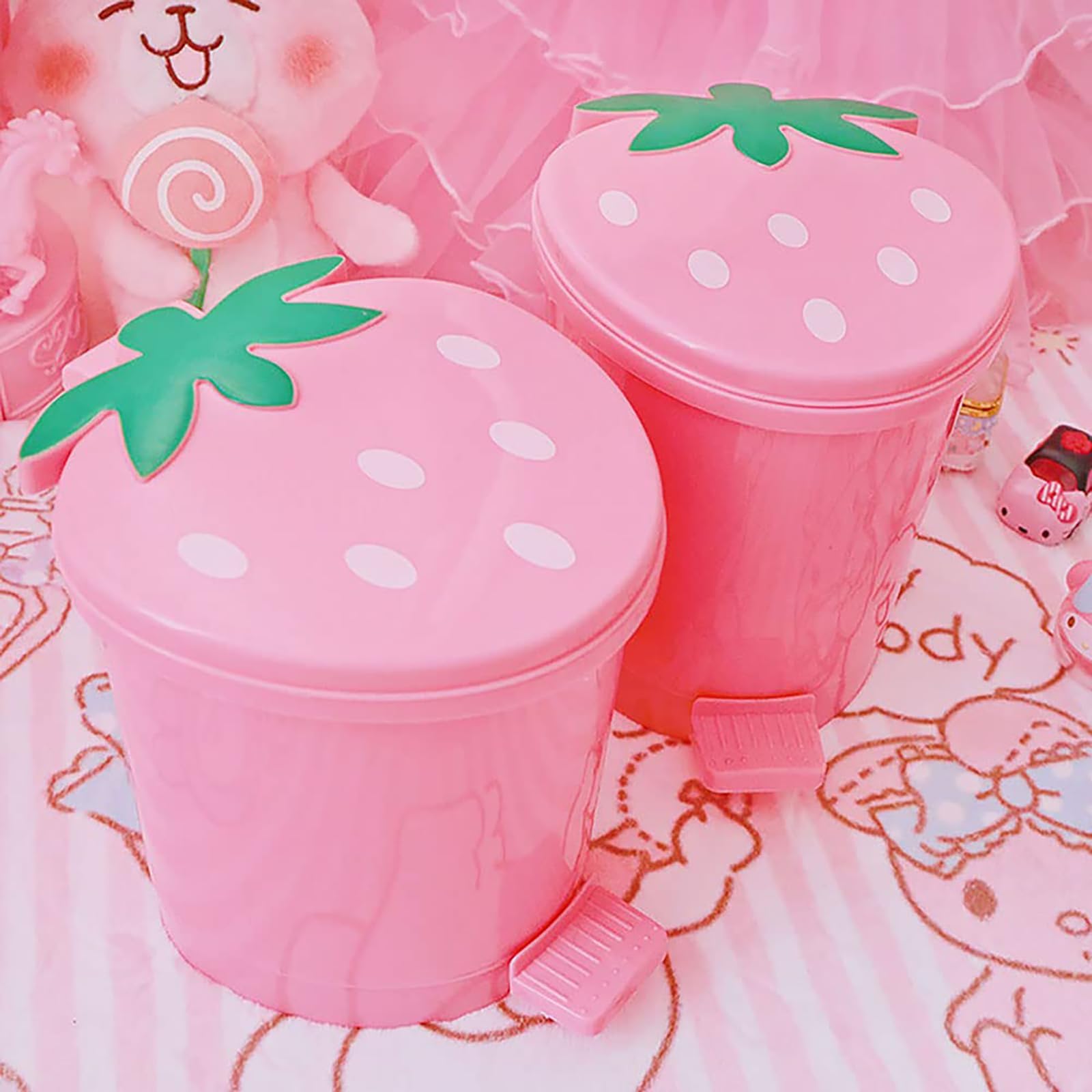 Bxuxjar Strawberry Trash Can, 1 Gallon Cute Trash Can Plastic Desk Kawaii Room Decor For Bedroom, Small Pink Trash Can With 0.3