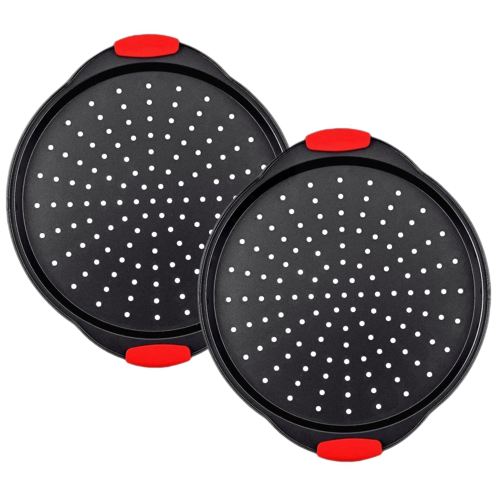 ZOEHROWS 13 Inch Pizza Pan for Oven (2 Pack) Round Pizza Pan with Holes - Non-Stick Carbon Steel Pizza Tray with Silicone Handle