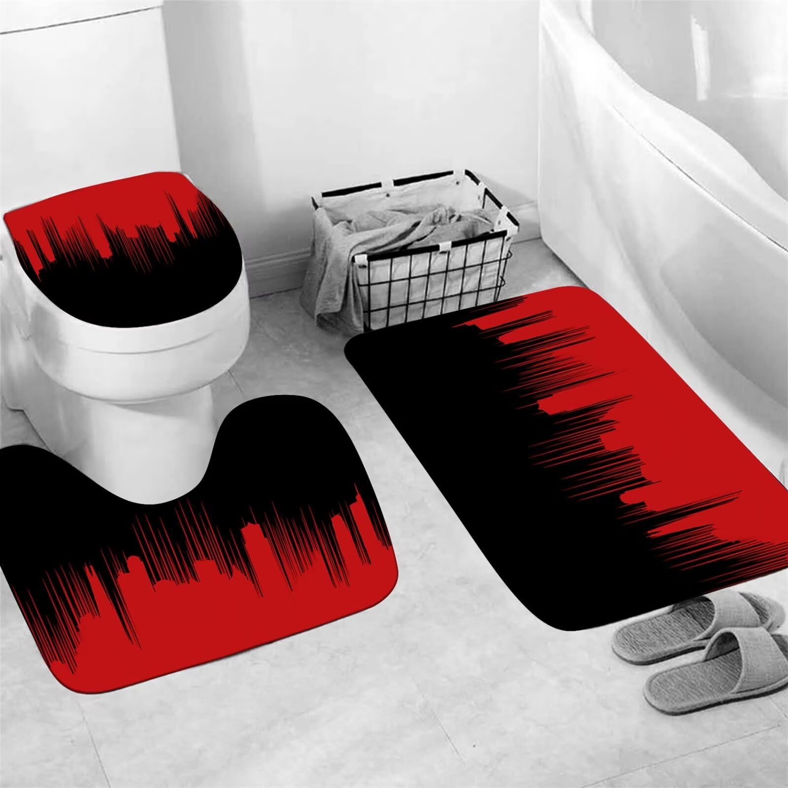 Yddsky 4 Pcs Red And Black Shower Curtain Sets Non-Slip Rugs Bath Mat Toilet Cover, U-Shaped Mat, Gradient Shower Curtain With 1