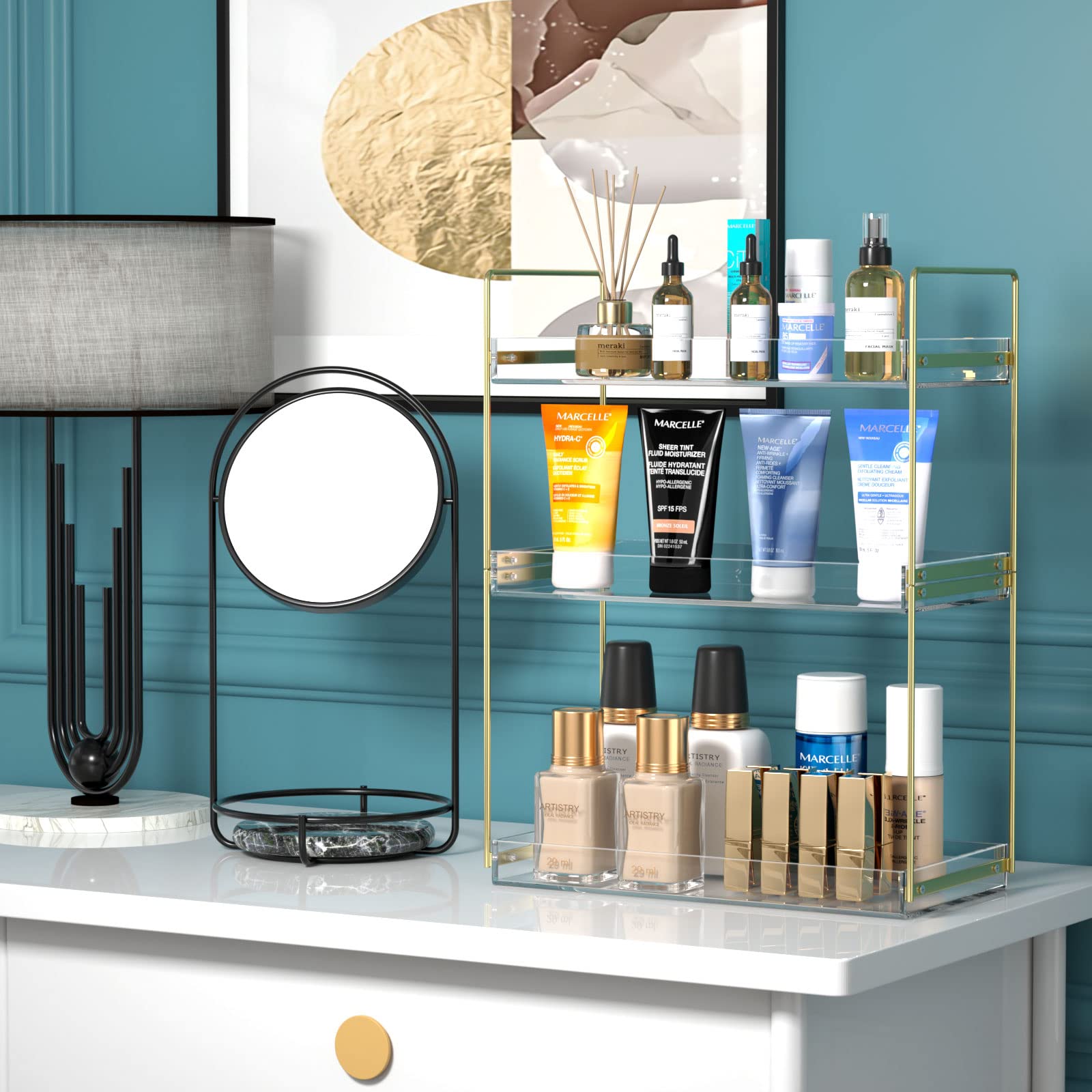 Bathroom Countertop Organizer, 3 Tier Acrylic Tray Vanity Counter Skincare Organizer Shelf, Kitchen Under Sink Standing Rack, Ho