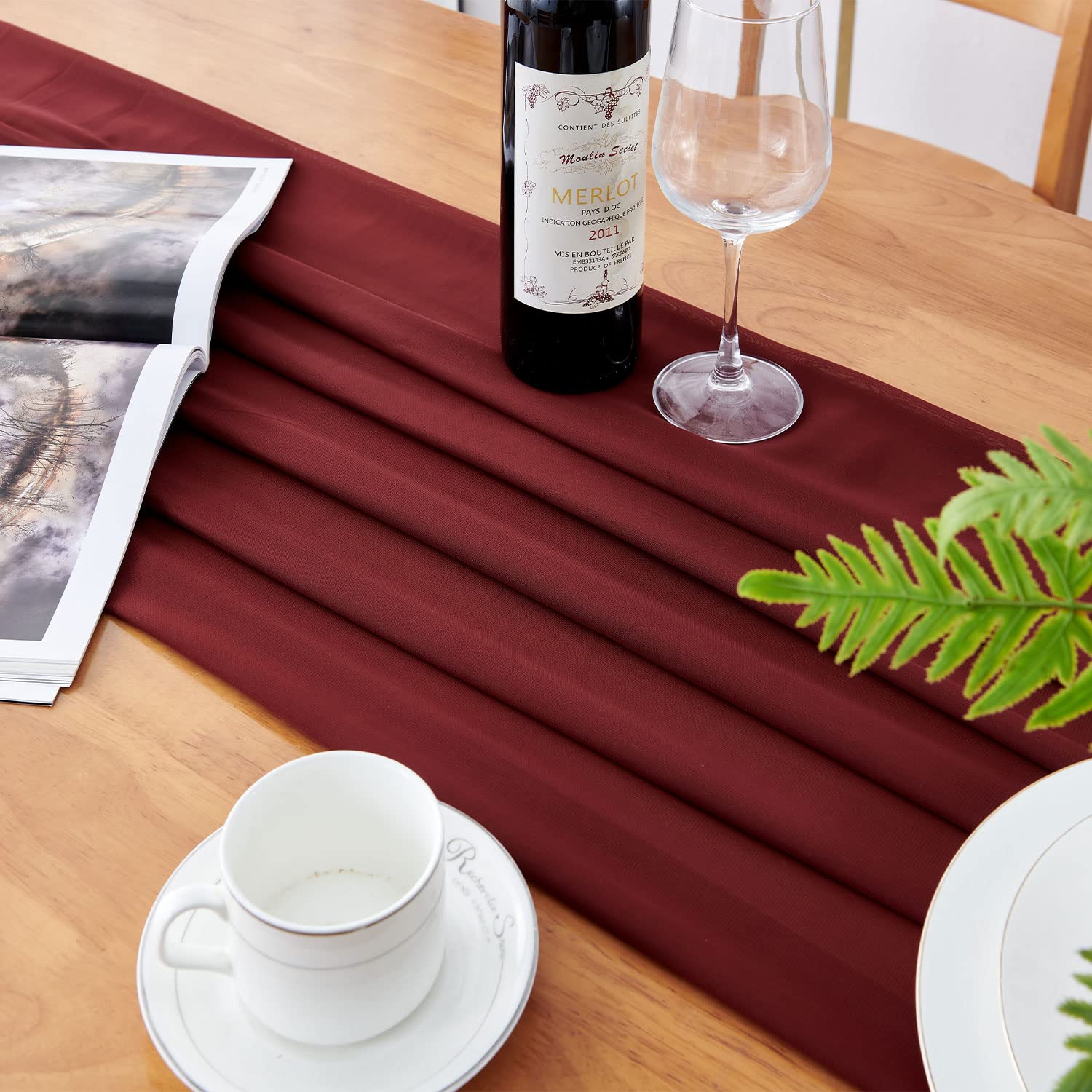 Delovo 4Packs Burgundy Chiffon Table Runner 27X120 Inches Long Sheer Fabric Table Runner For Wedding Party Banquets Bridal Home