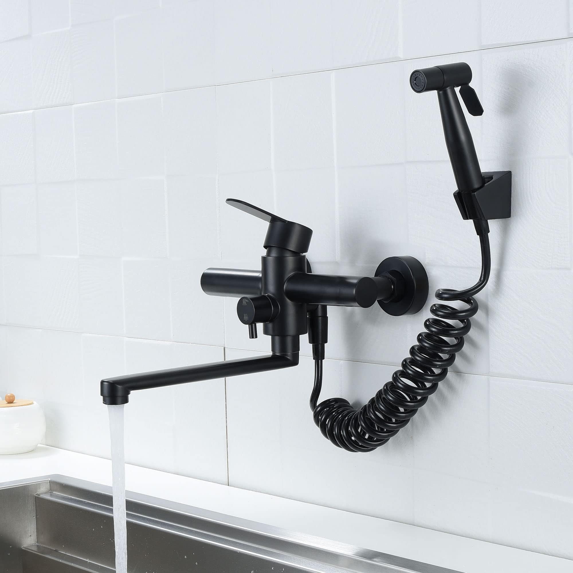 Kitchen Sink Faucet Wall Mount, Matte Black Commercial Faucet With Side Sprayer, Stainless Steel Mixer Tap, Unility Sink Faucet,