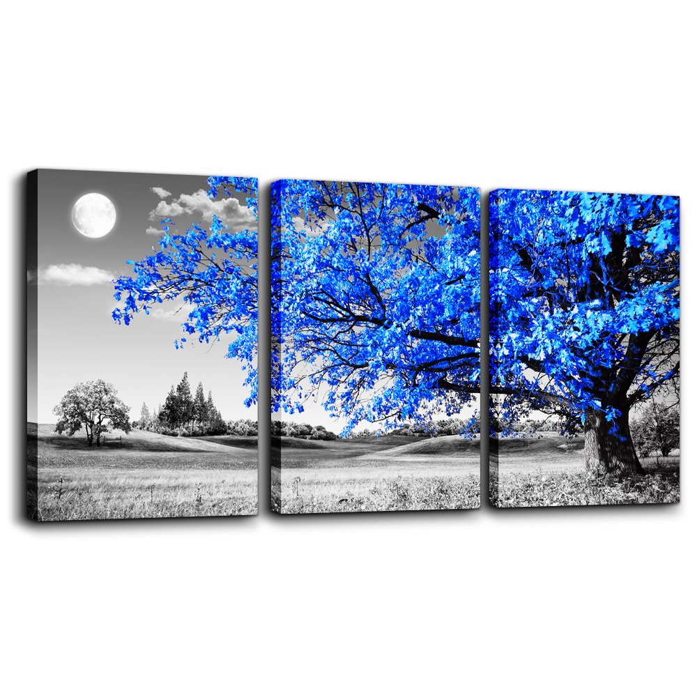 Wall Art For Living Room Black And White Blue Tree Moon Canvas Wall Decor For Home Artwork Huge Painting 16'' X 24'' 3 Pieces Ca