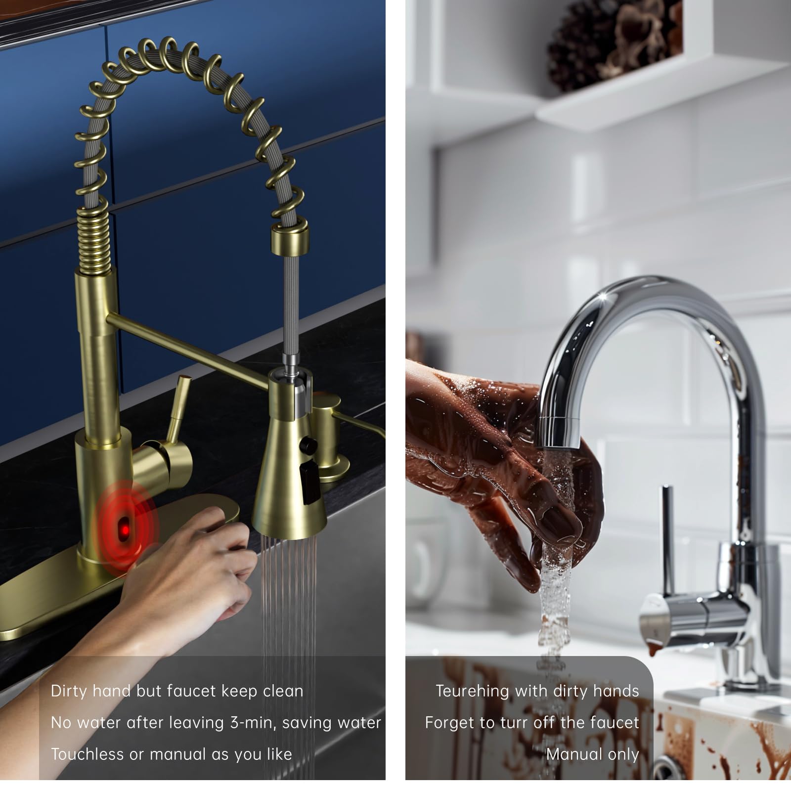 Dayone Brushed Gold Touchless Kitchen Sink Faucets With Soap Dispenser, Pull Down Smart Hands-Free Spring Faucet For Kitchen Sin