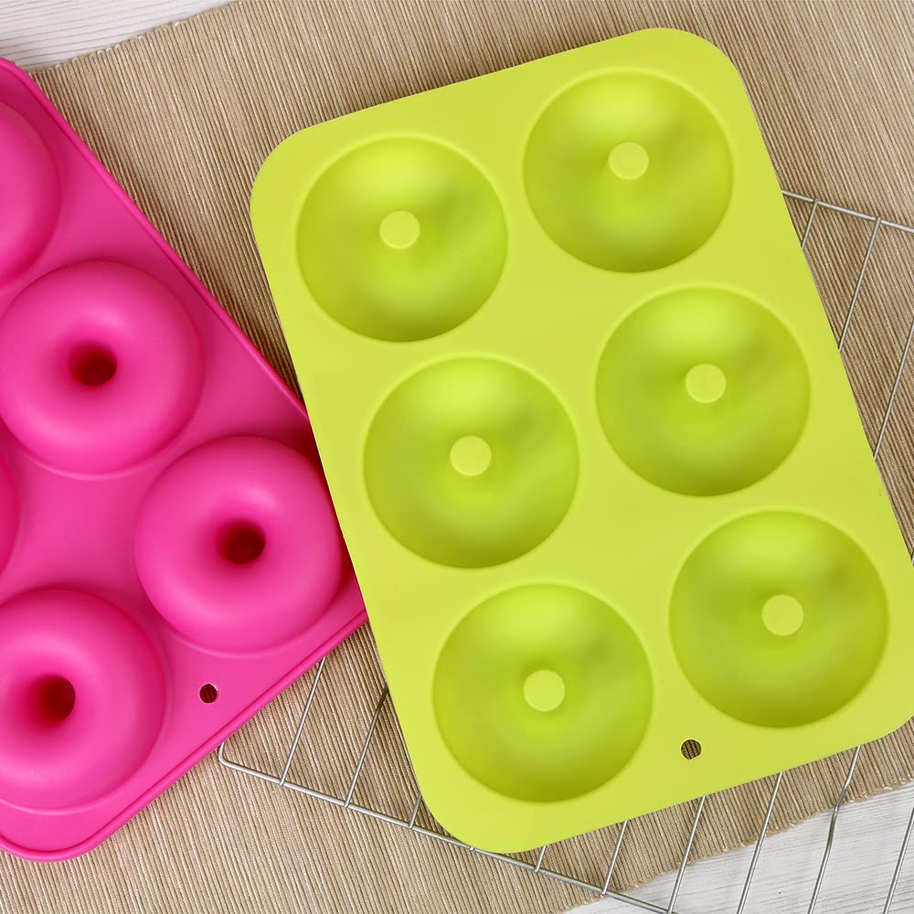 Homedge Silicone Donut Molds, 2-Pack Of Non-Stick Food Grade Silicone Pans For Doughnut Baking - Green And Pink