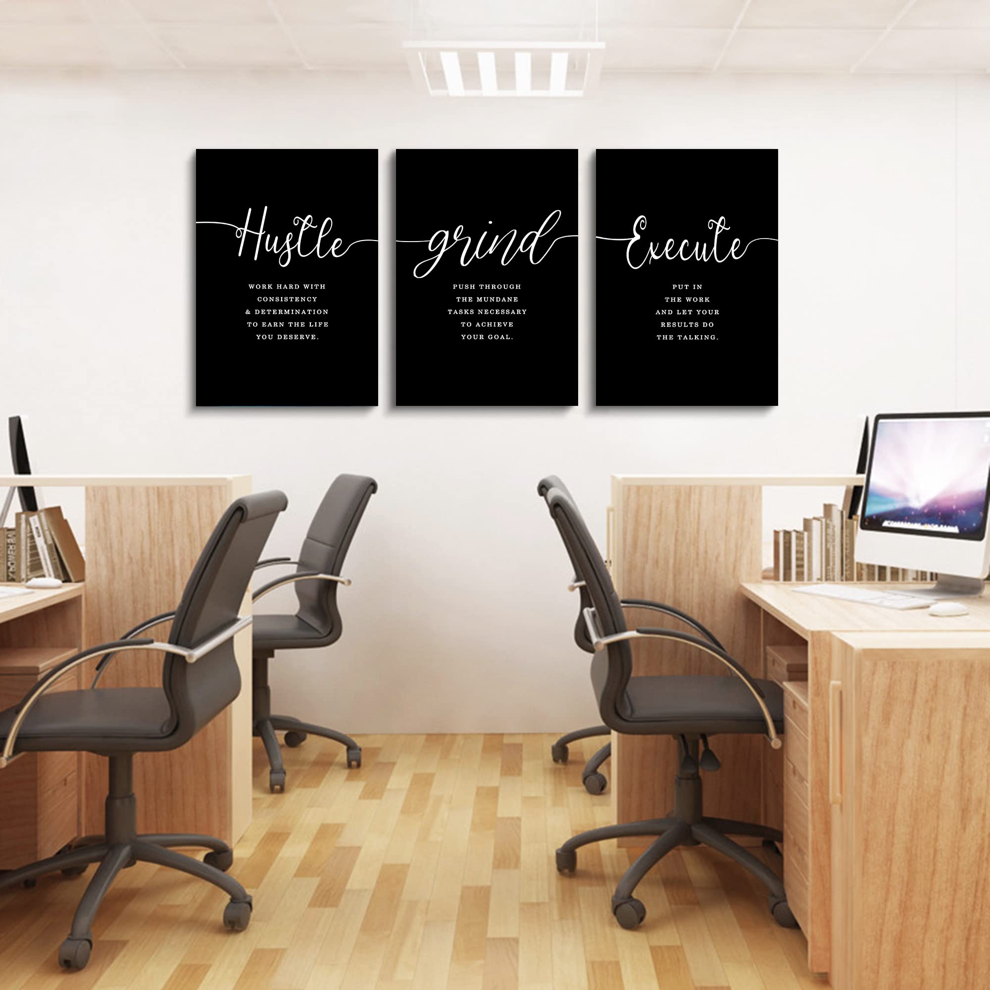 Office Decor - Hustle Quotes Execute Prints  Framed Canvas Wall Art Grind Quote  Office Wall Art  Black Large Poster  Positive MotivationalPrints  Inspirational Print (F-3pcs 12x16inchx3pcs)