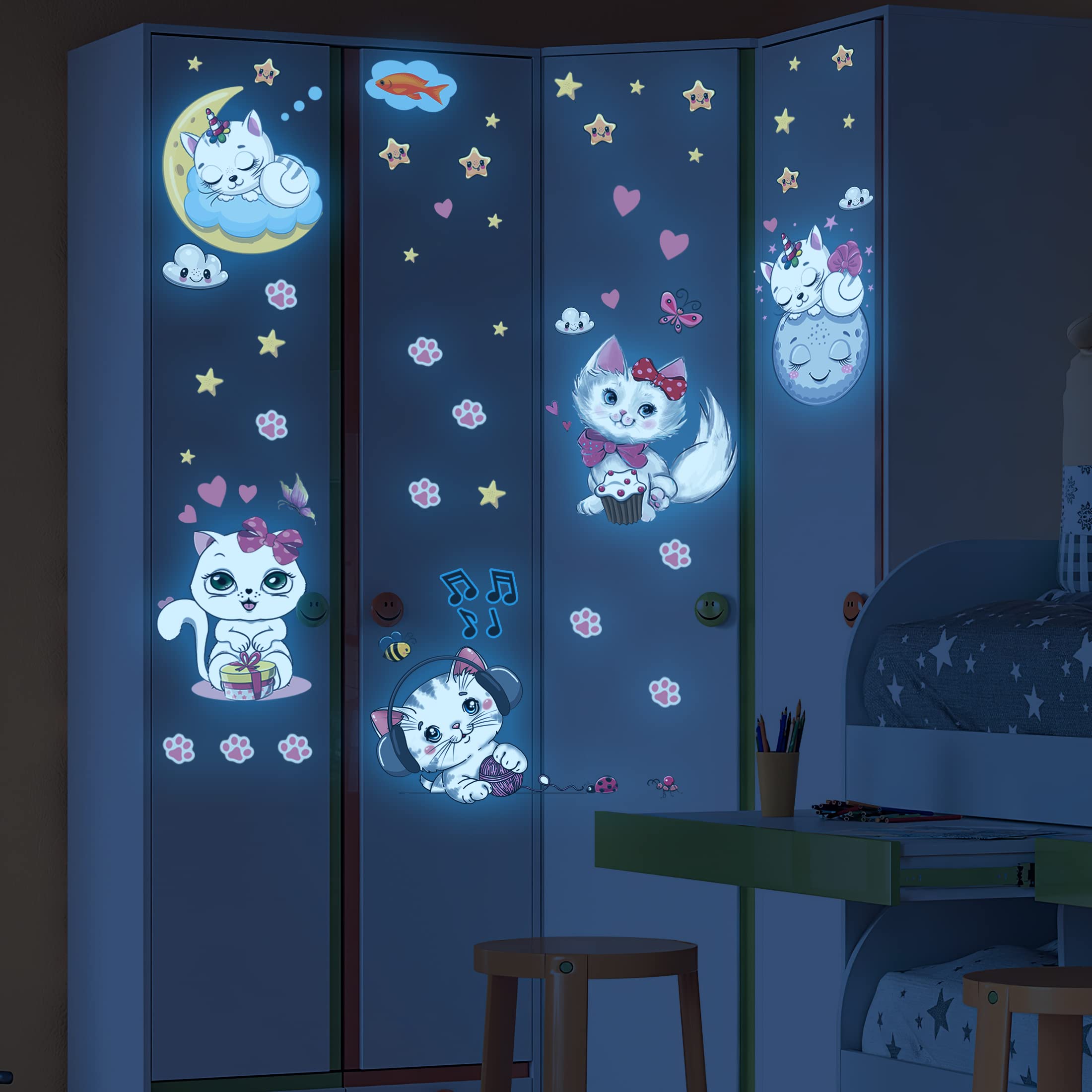Glow in The Dark Stars for Girl's Room  Glowing Cats Cartoon Wall/Ceiling Decals  Kitten Butterflies Stickers for Kids Bedroom  Luminous Wall Decor for Nursery (Blue)