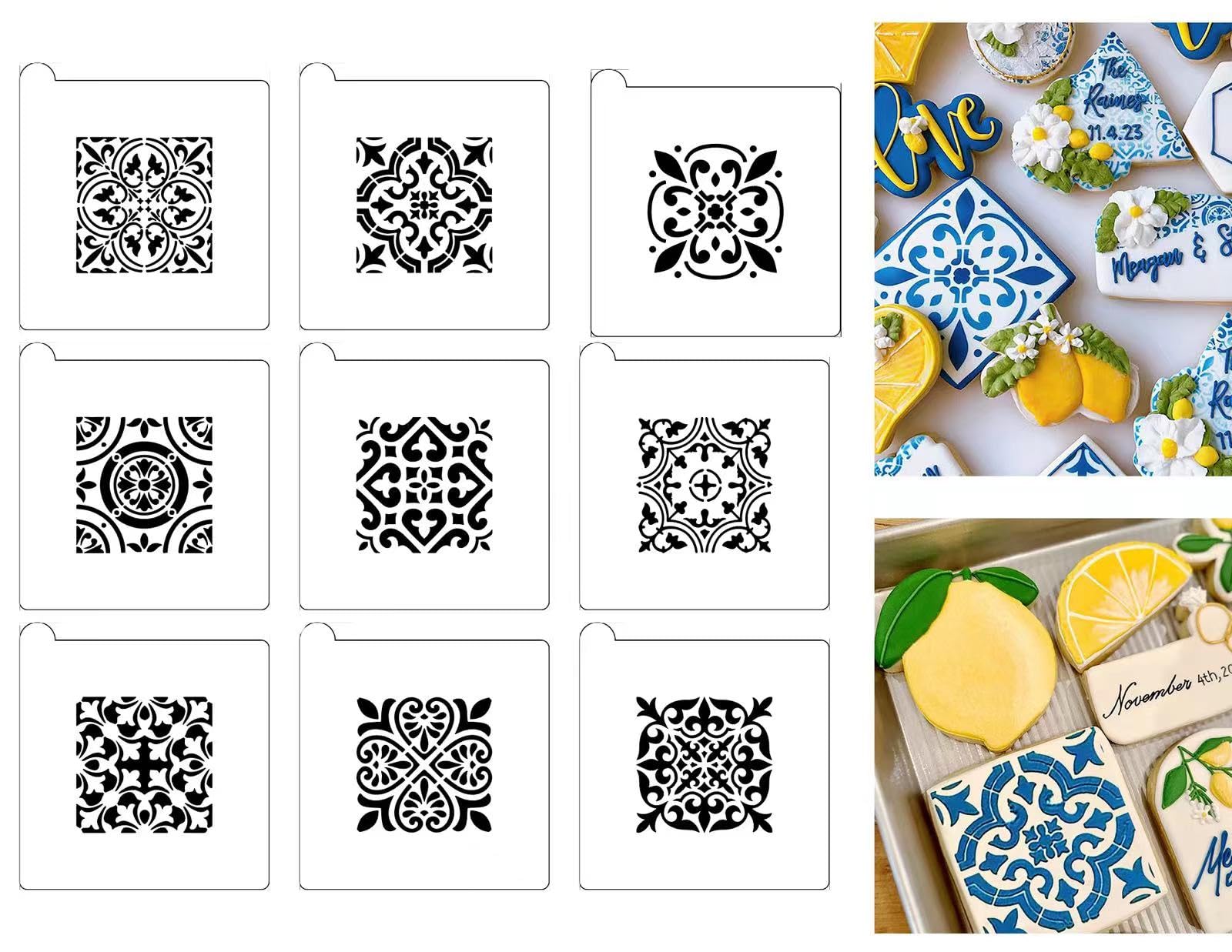 9PCS Scroll Tile Cookies Stencils for Baking, Royal Icing, Sugar Cookie, Cards Decorating Tools