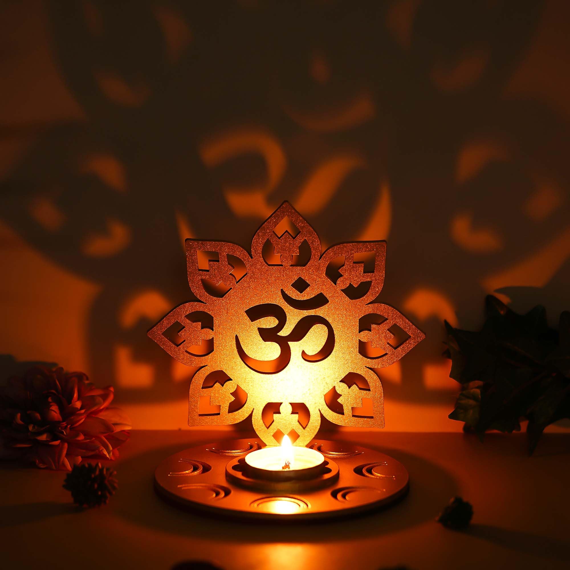Ecraftindia Red And Golden Mdf Wooden Om Shadow Decorative Tea Light Candle Holder| Navratri, Diwali Decoration Items For Home D
