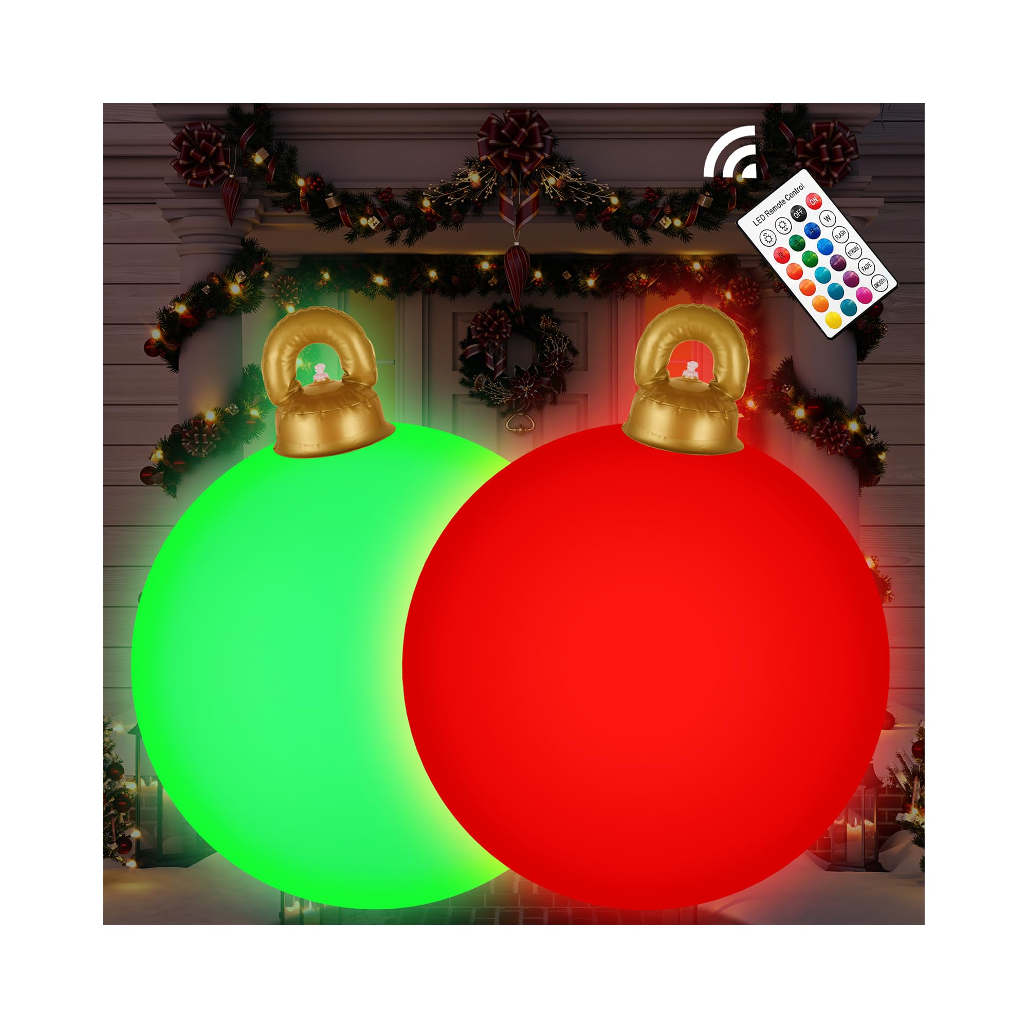 [Light up] Inflatable Ornaments Balls Outdoor 2Pcs: Flashes in Red | Green | Blue and Timer, 24 Inch Giant Christmas Inflatable 
