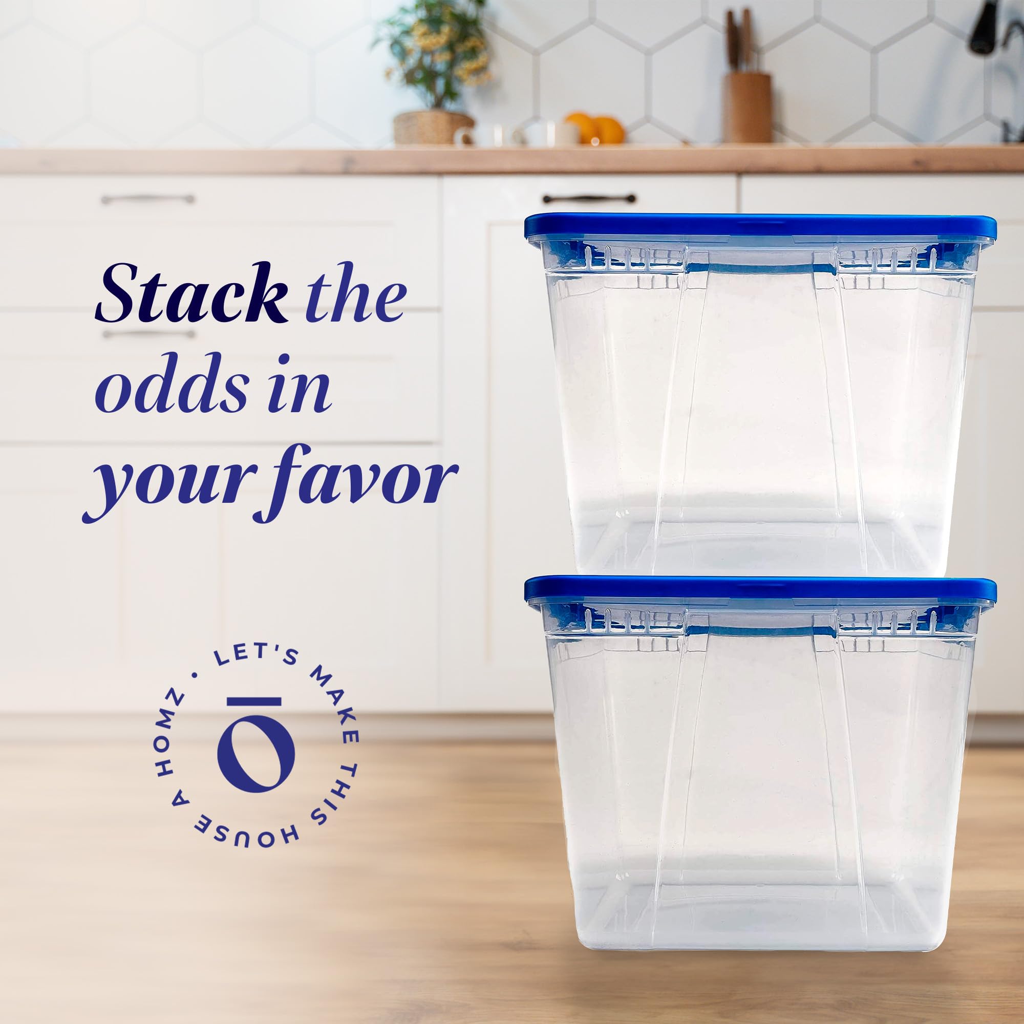 Homz Snaplock 56-Quart Plastic Multipurpose Stackable Storage Container Bins With Blue Snaplock Lid For Home And Office Organiza