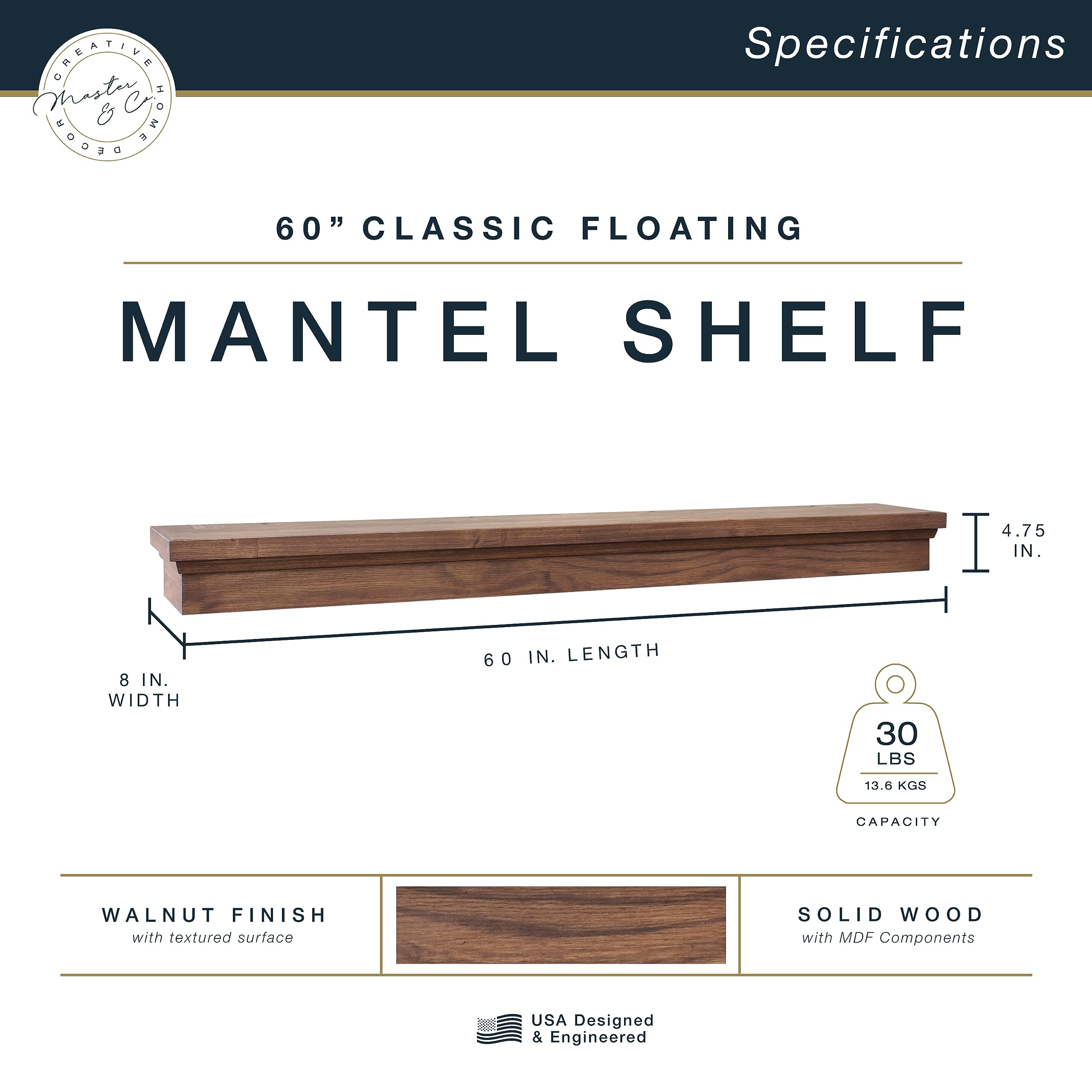 Mcs 60-Inch Mantel, Master & Co Walnut Woodgrain Solid Wood Floating Fireplace Mantel, Long Floating Shelf For Livingroom With W
