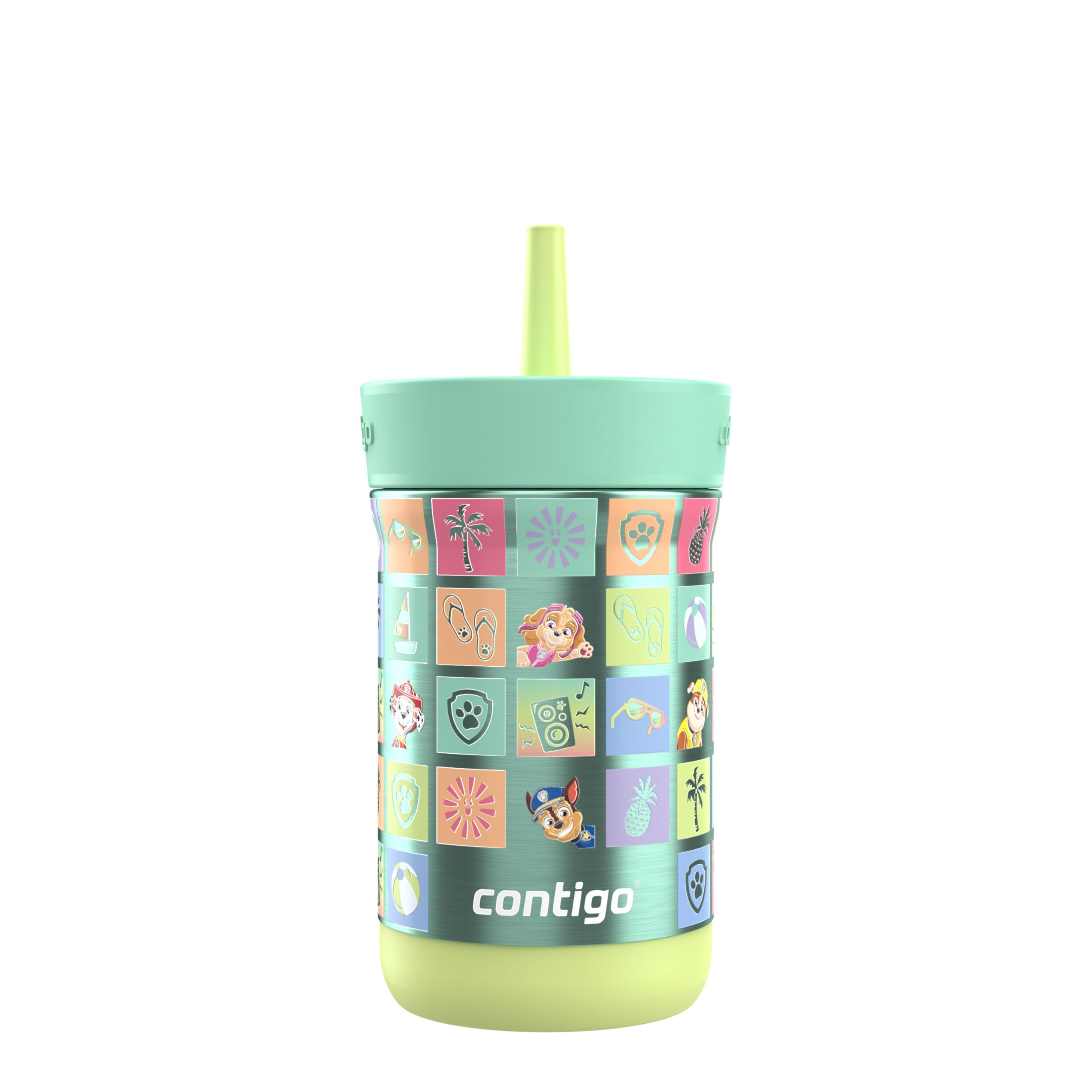 Contigo Kids Leighton Spill-Proof Stainless Steel Paw Patrol Tumbler with Straw, 12oz, Beach Day, Green