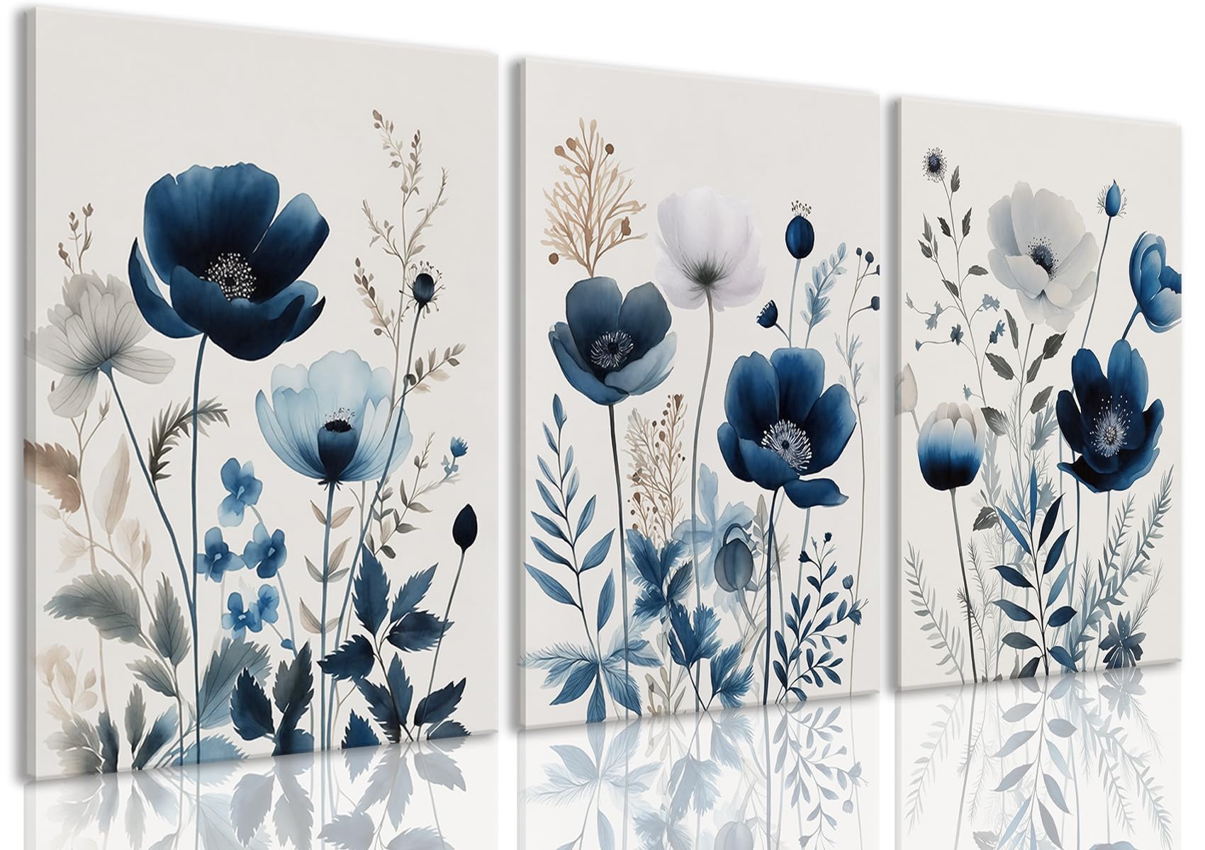Bingruiart Blue Flower Canvas Wall Art Daisy Floral Poster Print Set Of 3 Wildflower Pictures Abstract Botanical Paintings Decor