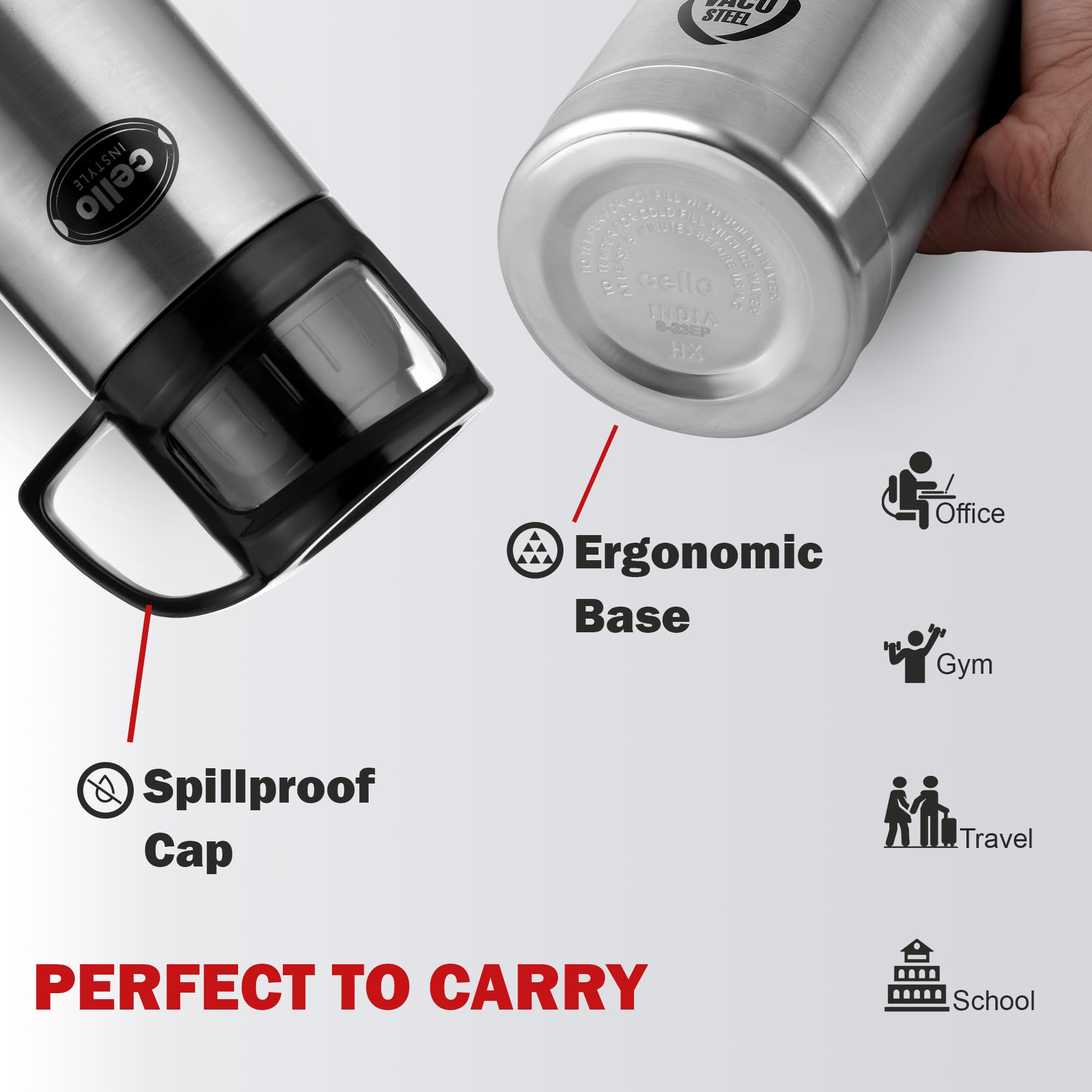 Cello Instyle Thermosteel Water Bottle, 500ml, Silver | 24 Hours Hot and Cold | Flask for Tea Coffee | Rust & Leak Proof | Ideal