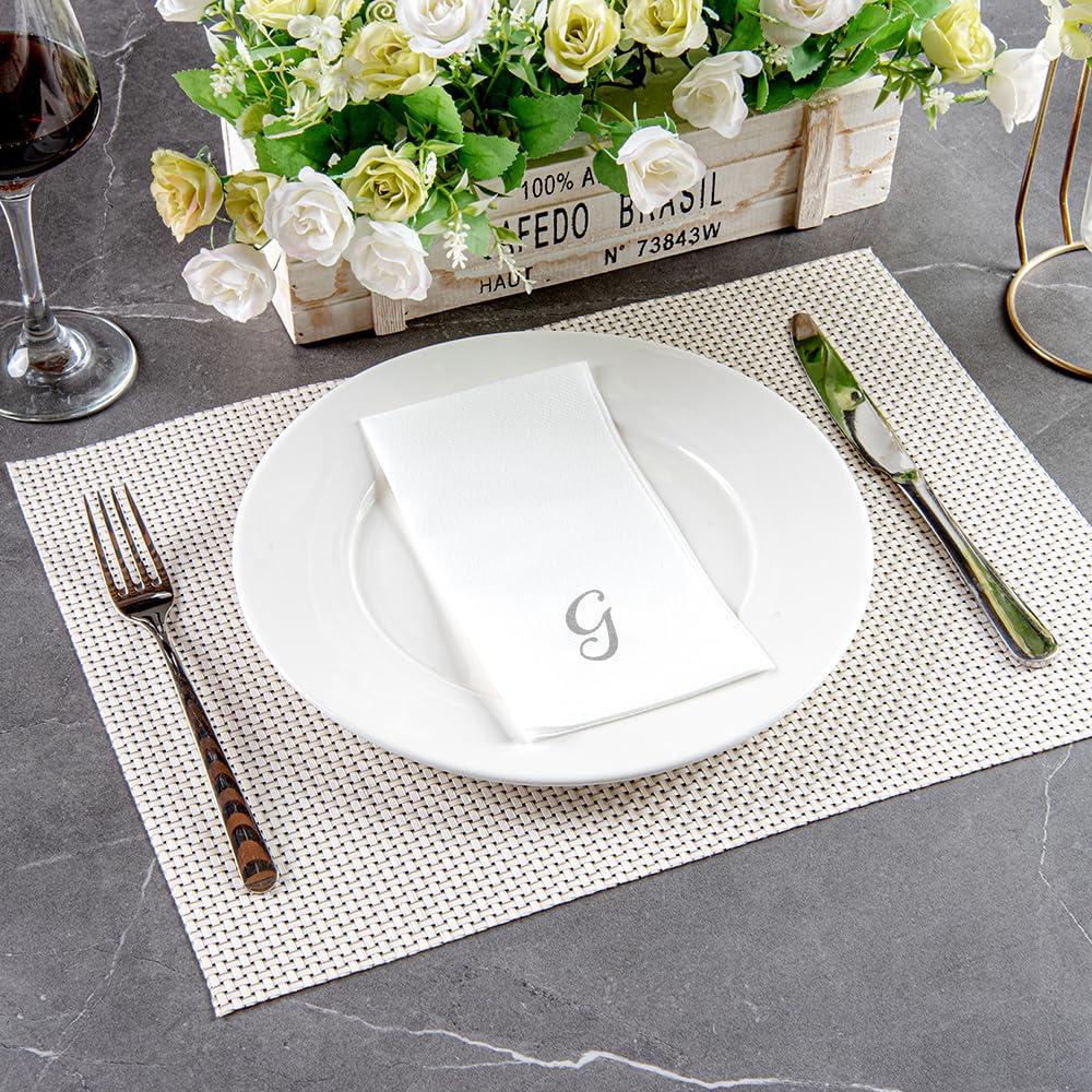 Luxenap 15.8 X 7.9 Inch Linen-Feel Guest Towels, 50 Lettered Hand Towels - Silver Letter 'G', Cursive Font, White Paper Dinner N
