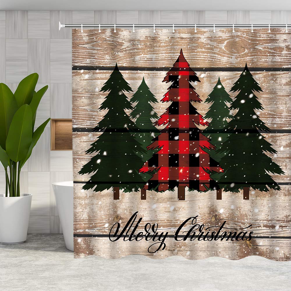 Dmtty Merry Christmas Shower Curtain Farmhouse Decor Red Green Buffalo Check Plaid Christmas Tree Bathroom Curtain Fabric Bathro