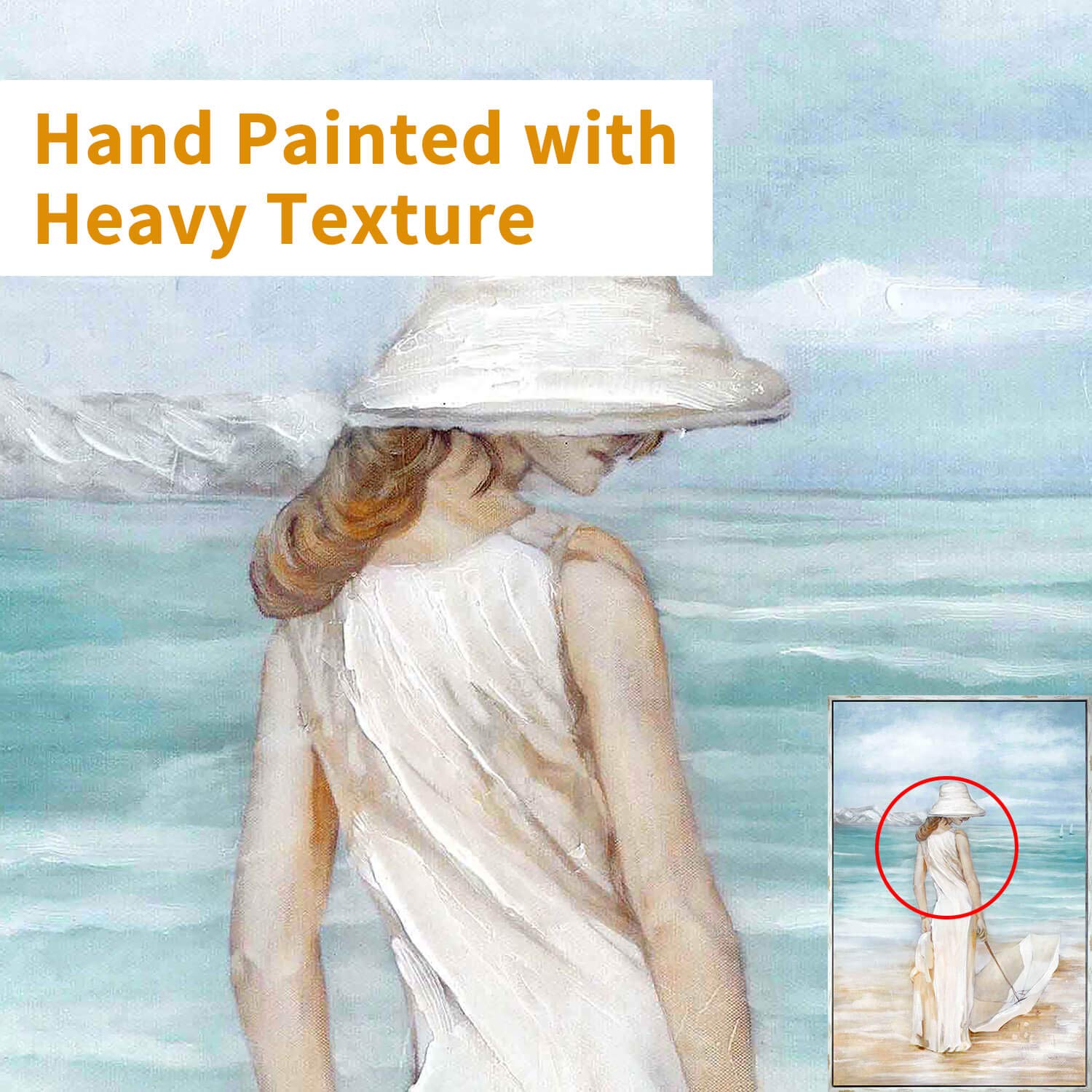 Abstract Beach Artwork Ocean Picture: Hand Painted Modern Women & Umbrella Sea Print Coastal Framed Wall Art On Canvas Framed Ar