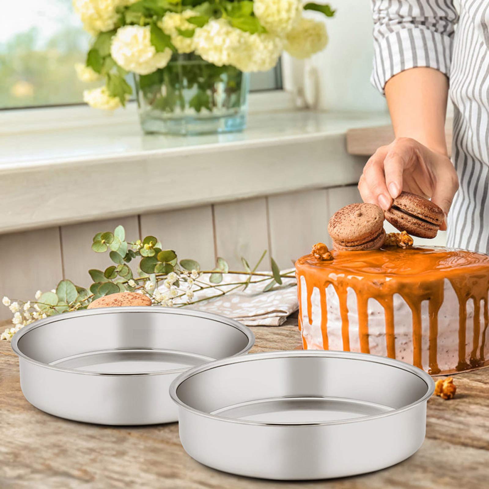 E-Far 8 Inch Cake Pan Set Of 3, Stainless Steel Round Layer Cake Baking Pans, Non-Toxic & Healthy, Mirror Finish & Dishwasher Sa