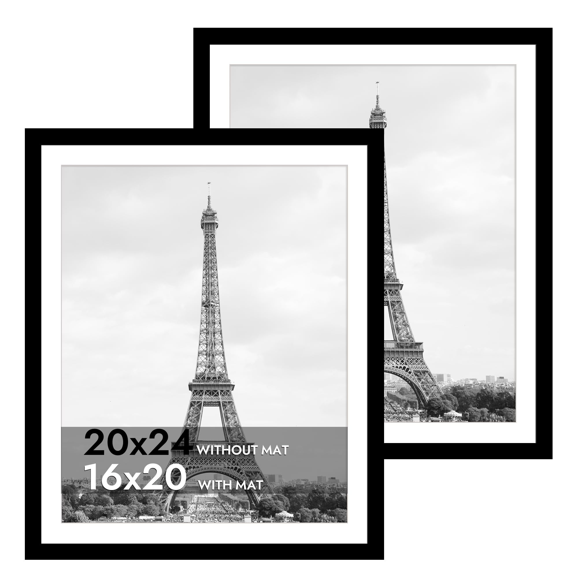 iRahmen 20x24 Picture Frame Set of 2 with Plexiglass, Black Wood Poster Frame for Wall Mounting Display 16x20 Picture with Mat o