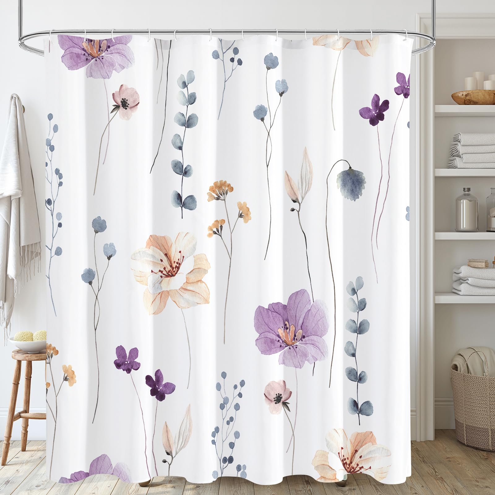 Gibelle Extra Long Shower Curtain 72 X 84, Watercolor Floral Fabric Shower Curtain, Purple Beige Flower Decorative Bathroom Show