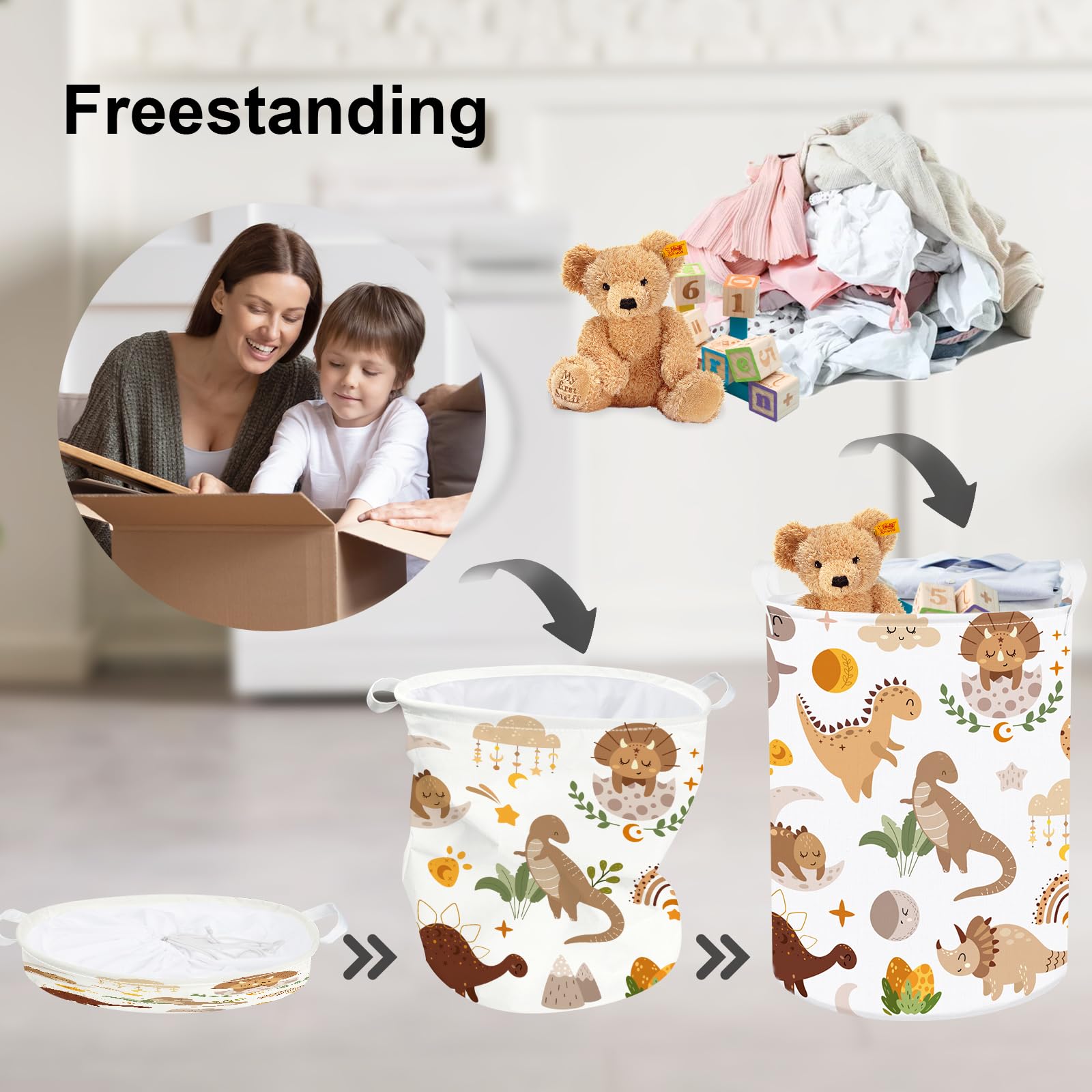 Clastyle 45L Large Boho Dinosaur Boy Book Toy Storage Basket Dino Palm Leaves Clothes Laundry Hamper For Kid Room Nursery, Brown