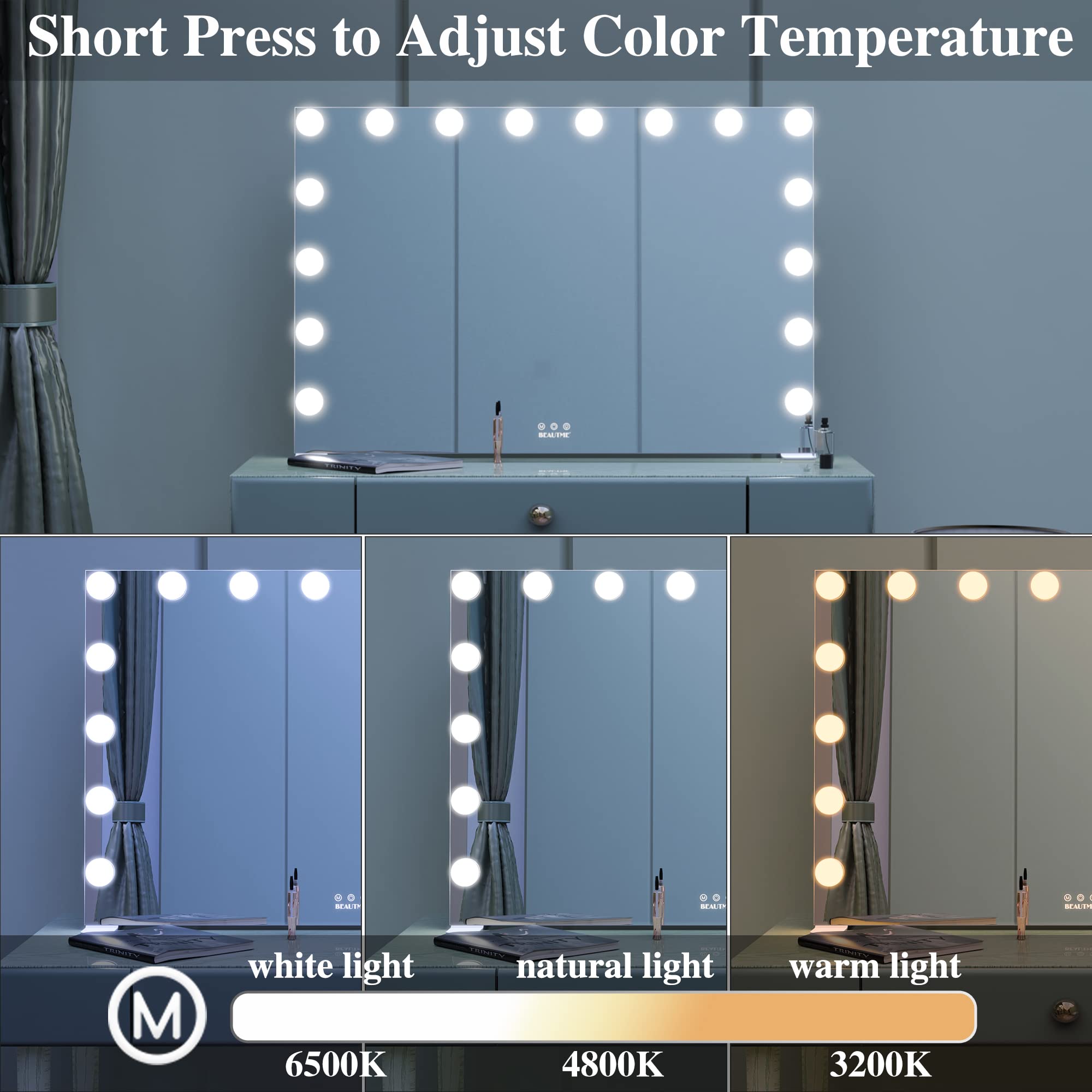 Beautme Large Vanity Mirror With Lights, 35.9''  24.3'' Makeup Mirror, Light Up Mirror With 16 Dimmable Led Lights And 10X Magni