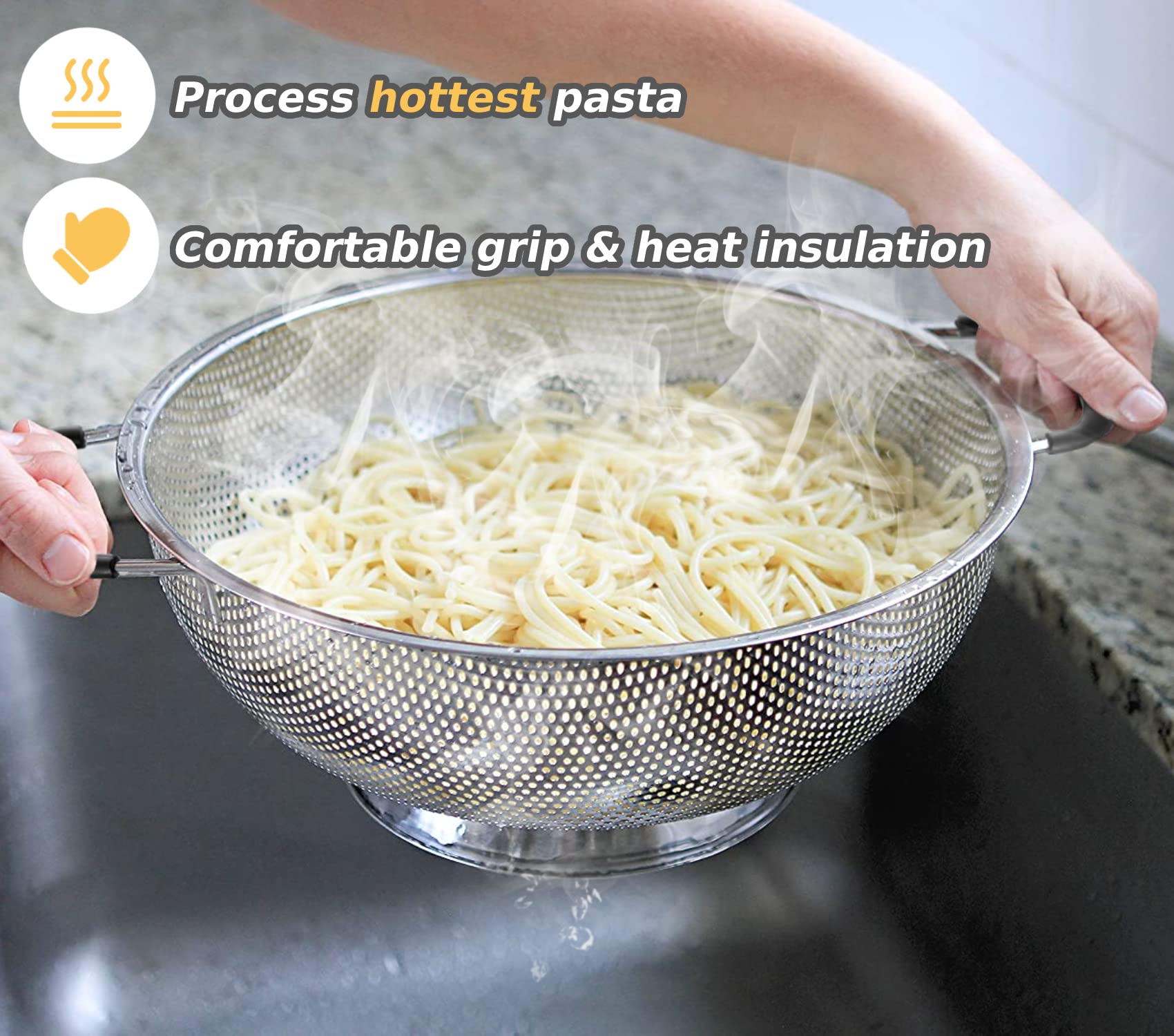 5 Qt Colander 18/8 Stainless Steel Colander Silicone Handle Easy Grip Micro-Perforated Strainer Heavy Duty And Self-Draining Sol