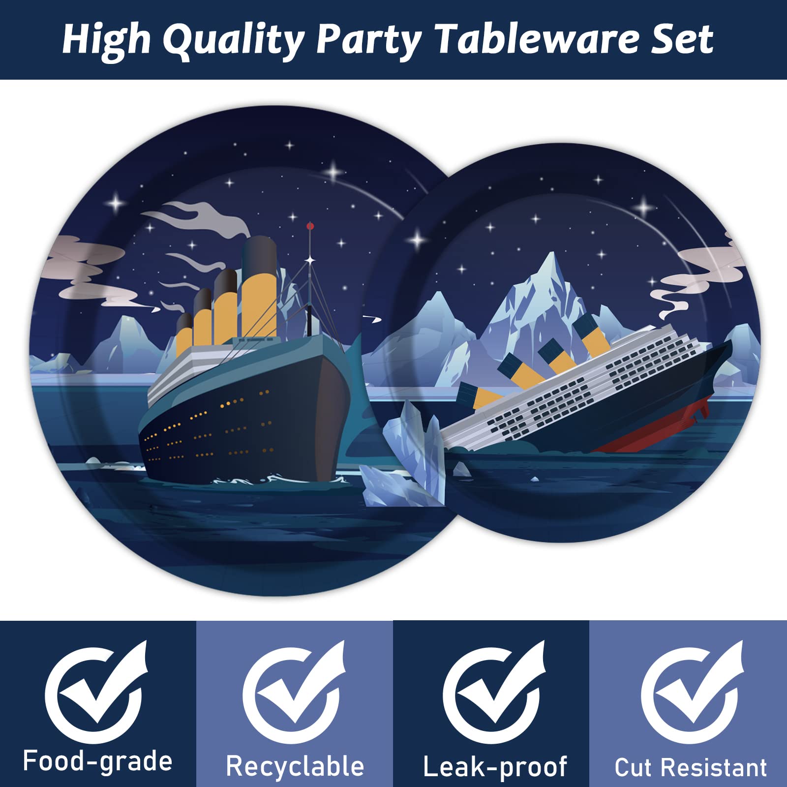 chiazllta 96 Pcs Titanic Party Paper Plate and Napkins Titanic Birthday Party Table Decoration Supplies Ocean Party Paper Plate Napkin Fork for Party Favors 24 Guests