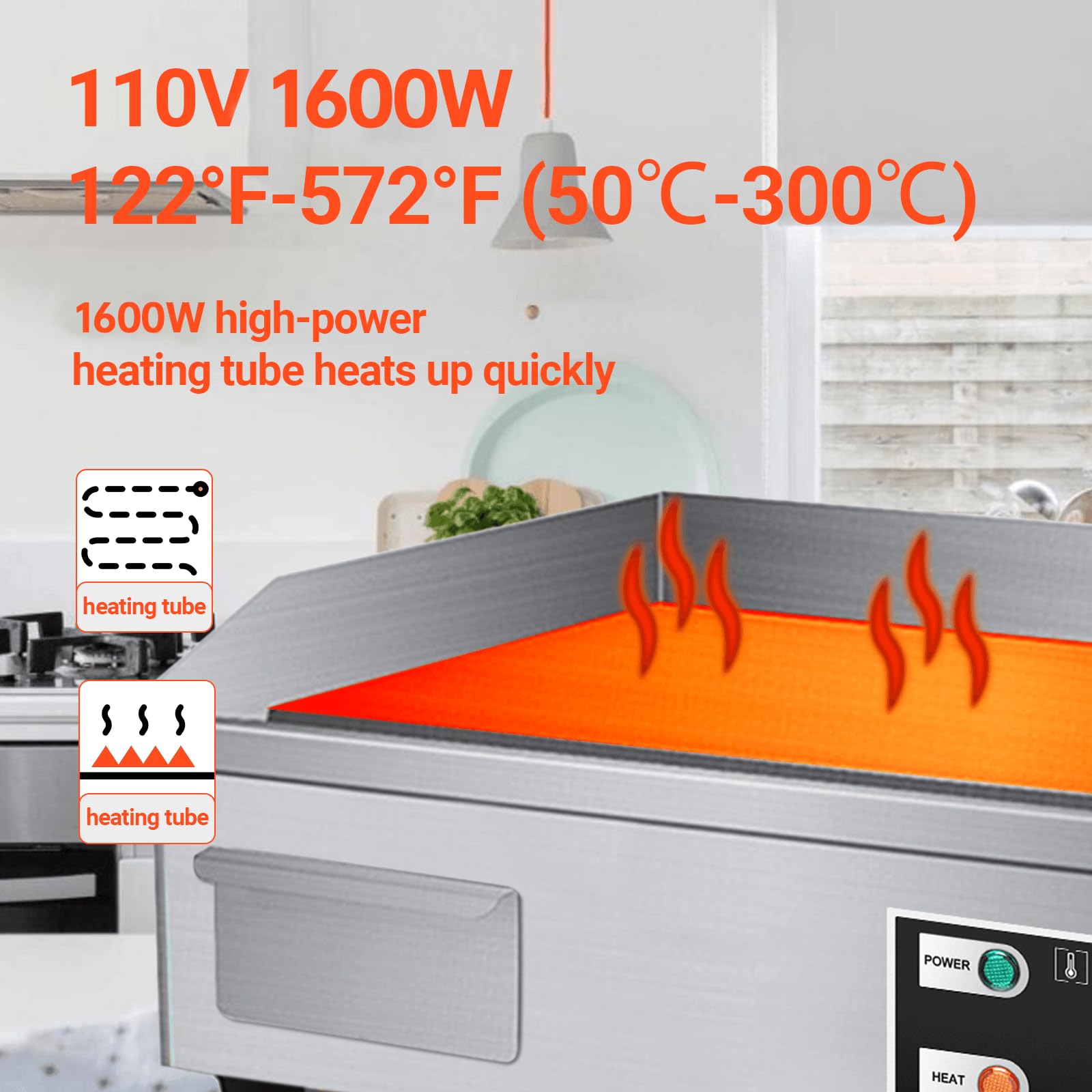 Promotor 22'' Electric Countertop Flat Top Griddle 1600W 110V Non-Stick Commercial Restaurant Teppanyaki Grill Stainless Steel A