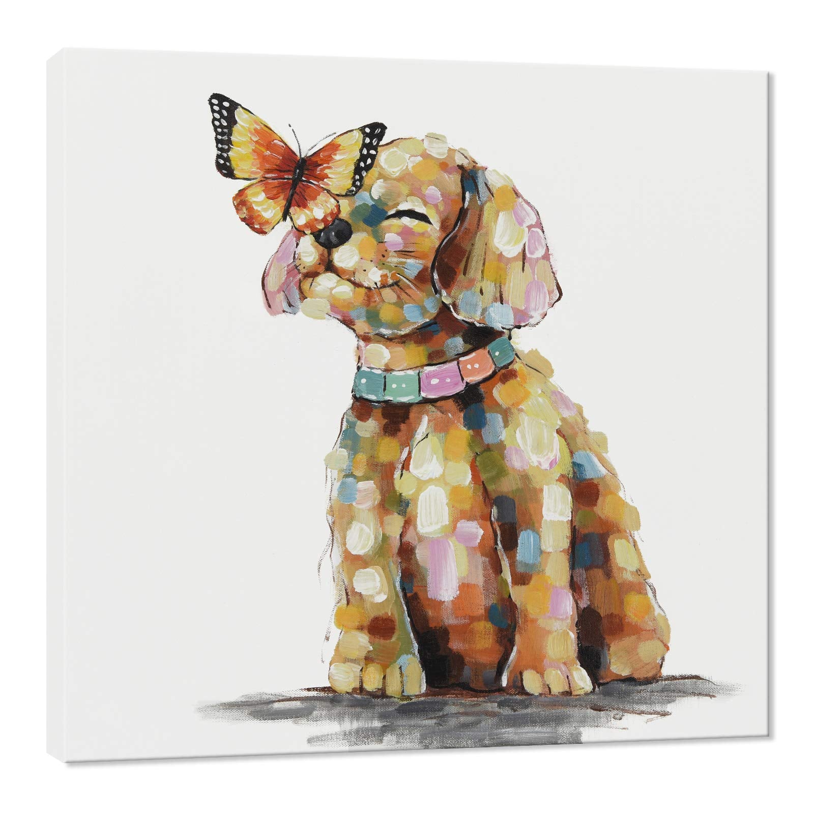 Seven Wall Arts Dog Canvas Wall Art Colorful Animal Picture Pet Puppy Butterfly Alighted On Dog Paintings Modern Framed Artwork