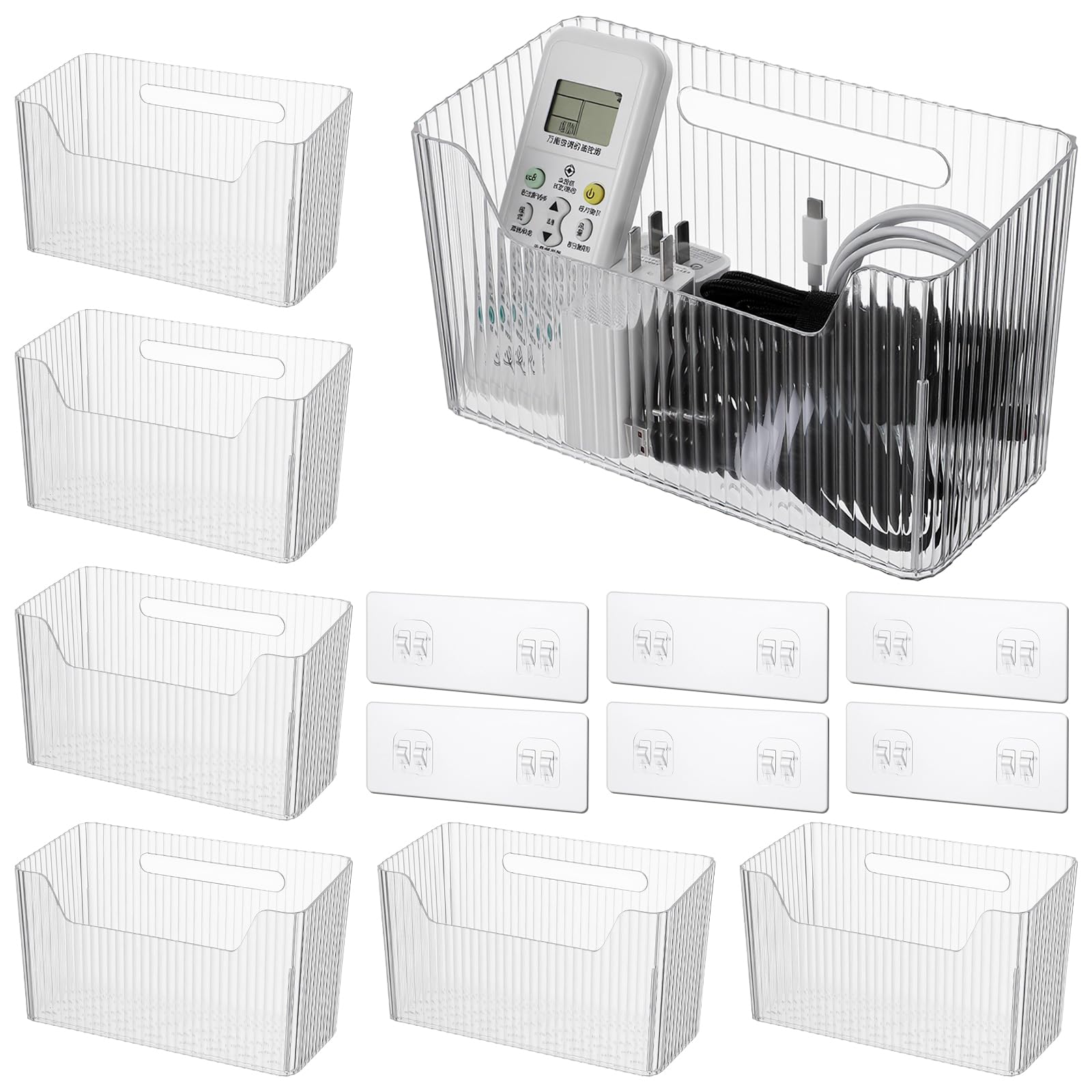6 Pack Clear PVC Storage Organizer Bins, Wall Mounted Adhesive Baskets for Cabinet Door, Kitchen, Bathroom & Pantry Organization