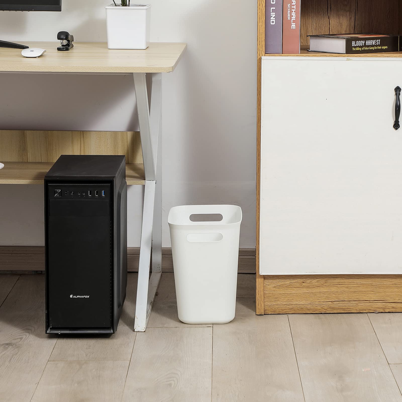 Uujoly Plastic Trash Can Wastebasket, Garbage Container Basket For Bathrooms, Kitchens, Offices, Kids Rooms, White, 3.5 Gallon,