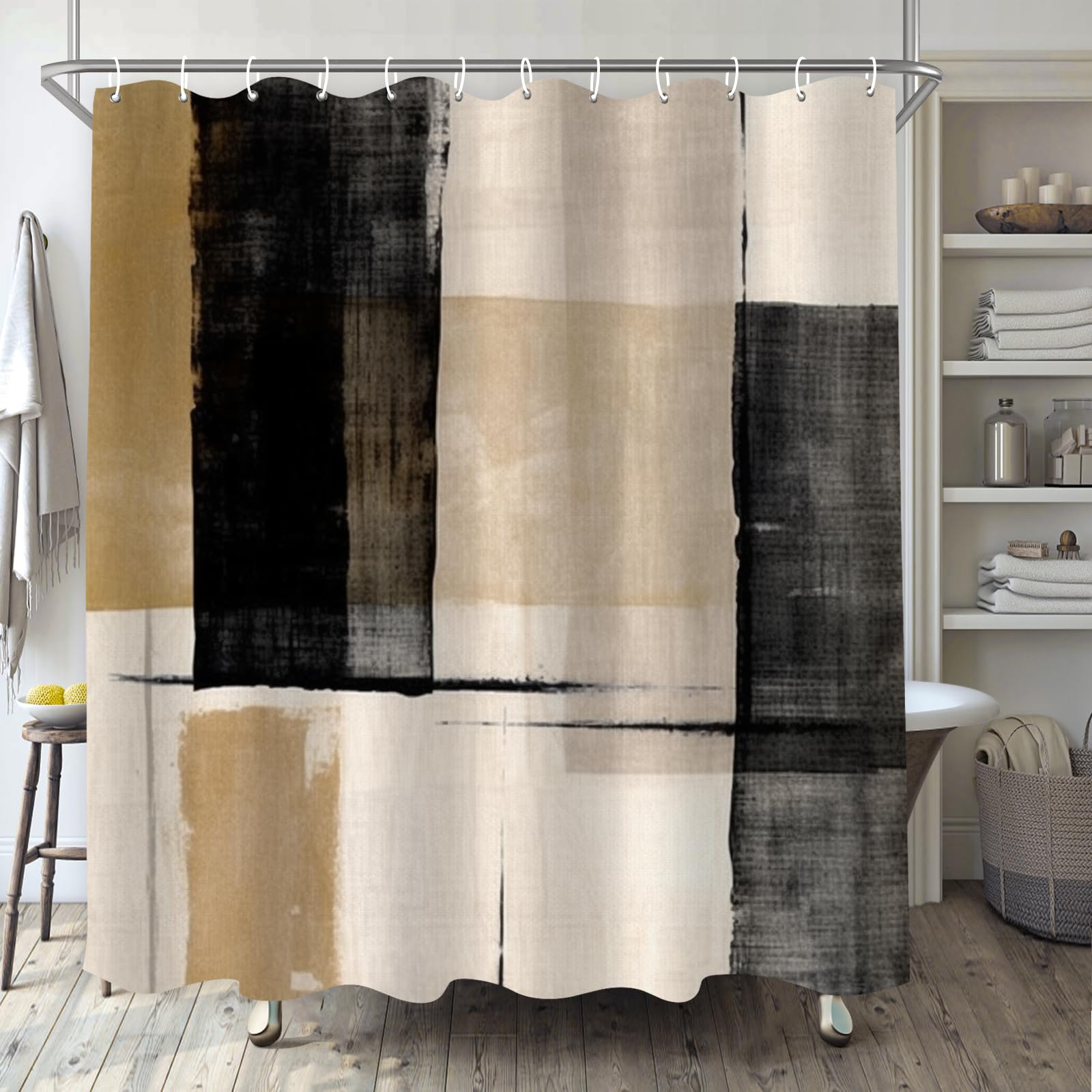 Tiyaandsy Oil Painting Abstract Shower Curtain For Bathroom, Black White Brown Boho Shower Curtain Set, Beige Tan Cream Fabric M