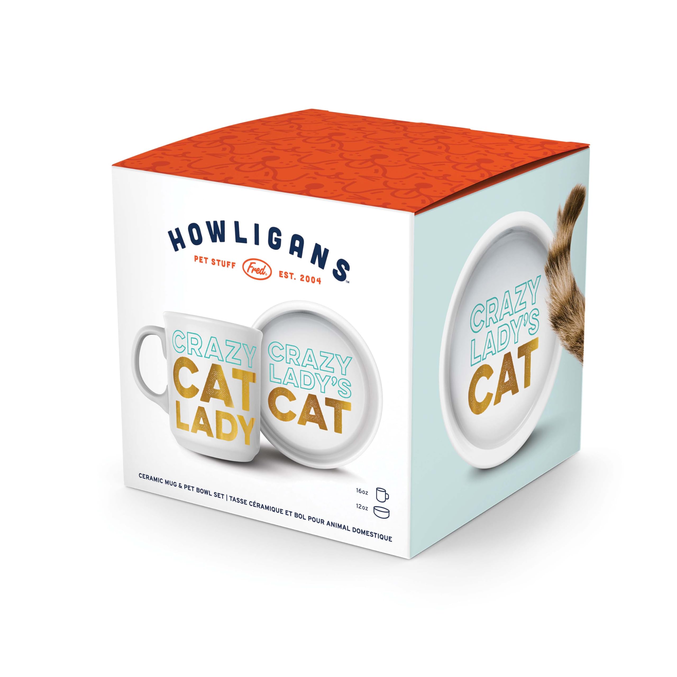 Genuine Fred Howligans - Mug + Cat Bowl - Crazy Cat Lady, White