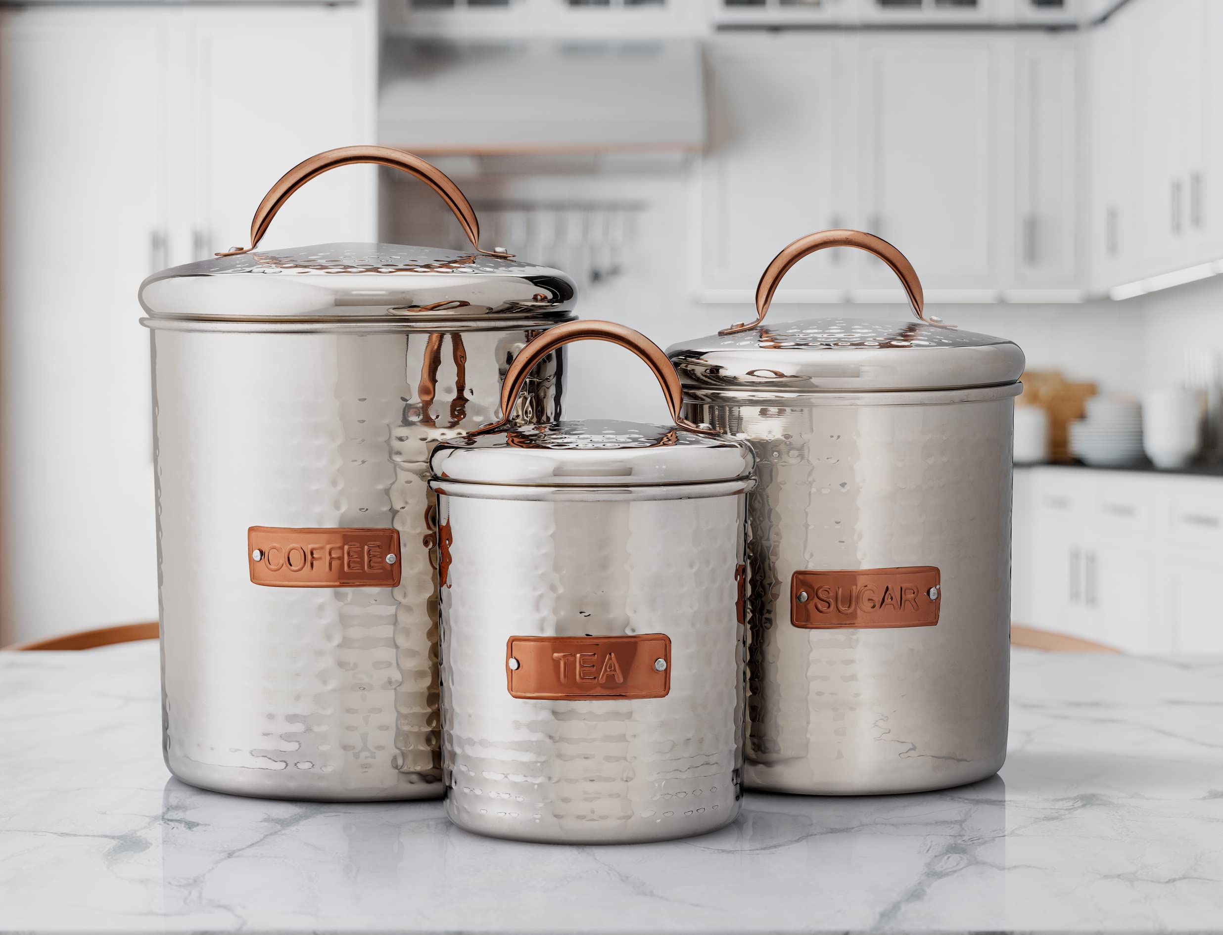 Old Dutch International 3 Pc Stainless Steel W/Copper Finish Handle & Badge, Tea, Coffee, Sugar Canister Set, Silver/Wood