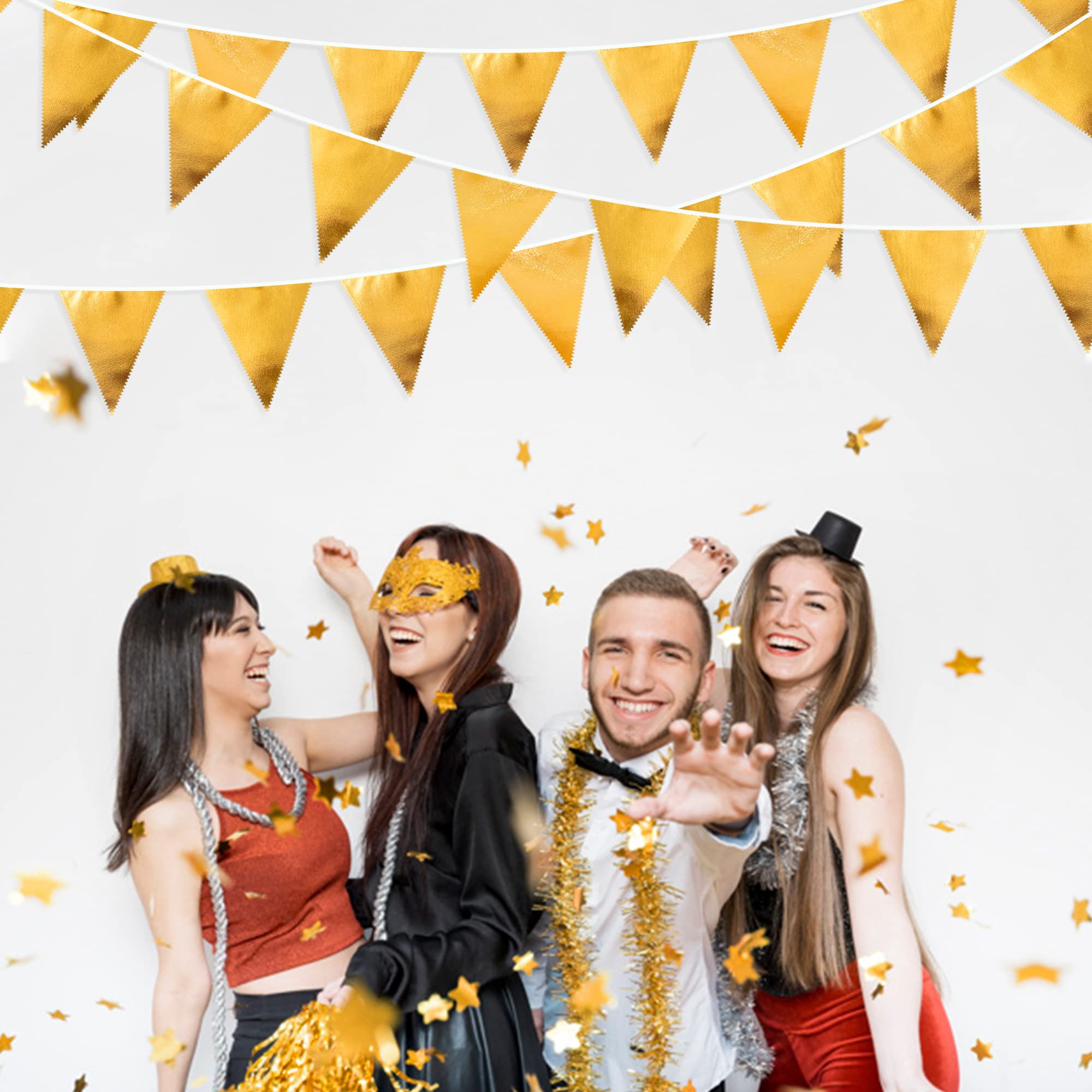 Gold Party Decorations Metallic Fabric Triangle Pennant Banner Gold Flag Bunting Garland For Graduation Birthday Wedding Anniver