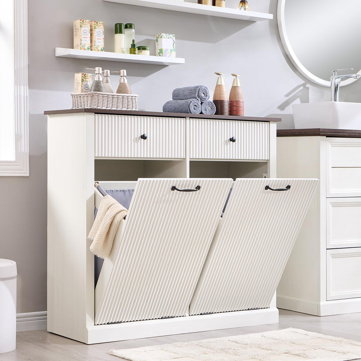 Ifbuy Modern Double Tilt-Out Laundry Hamper Cabinet, 20 Gallon Fluted Trash Can Cabinet W/2 Drawers, Wooden Hidden Garbage Can C