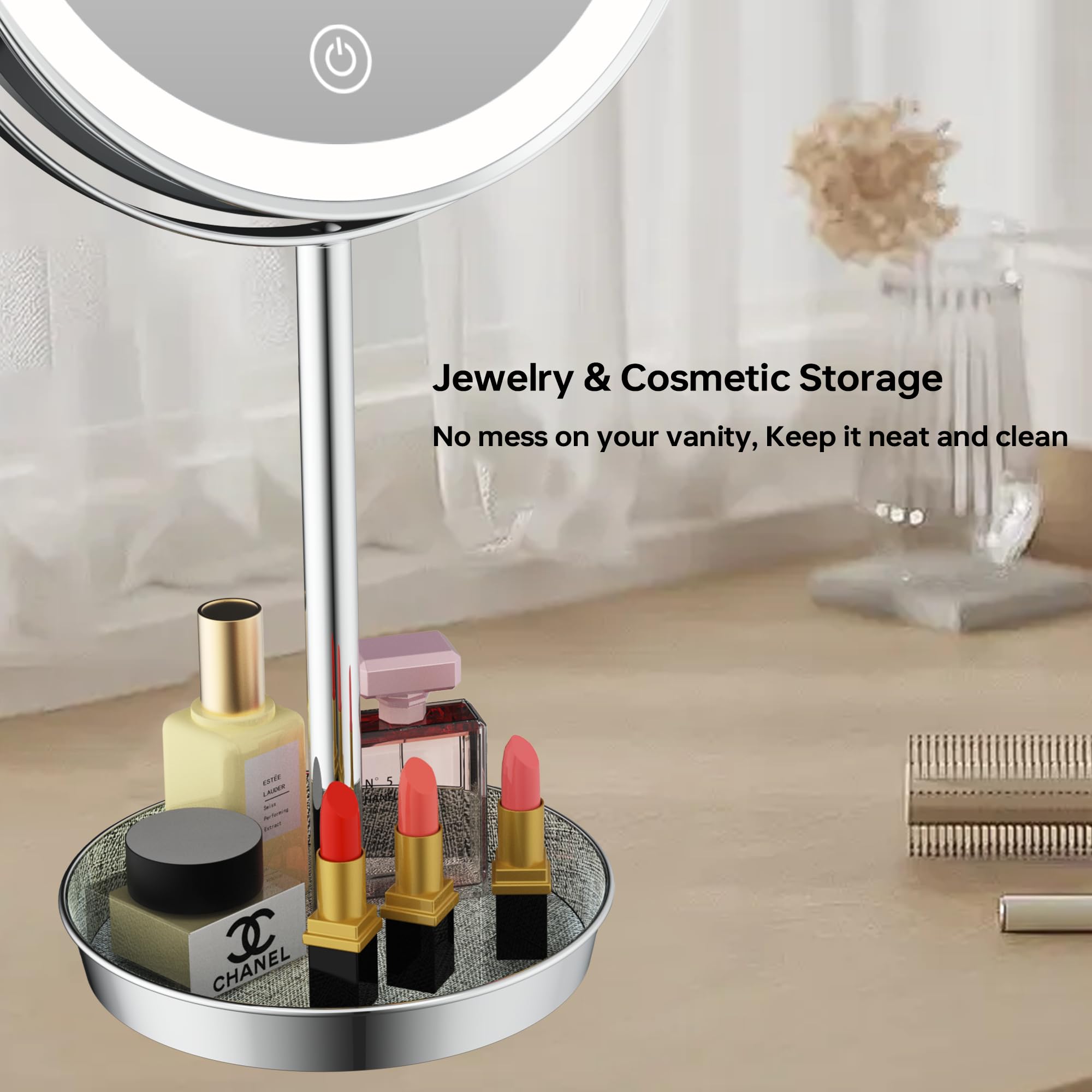 Lansi 8'' Lighted Makeup Mirror With Lights And Magnification,1X/10X Magnifying Mirror With Light,Vanity Mirror With Jewelry Hol