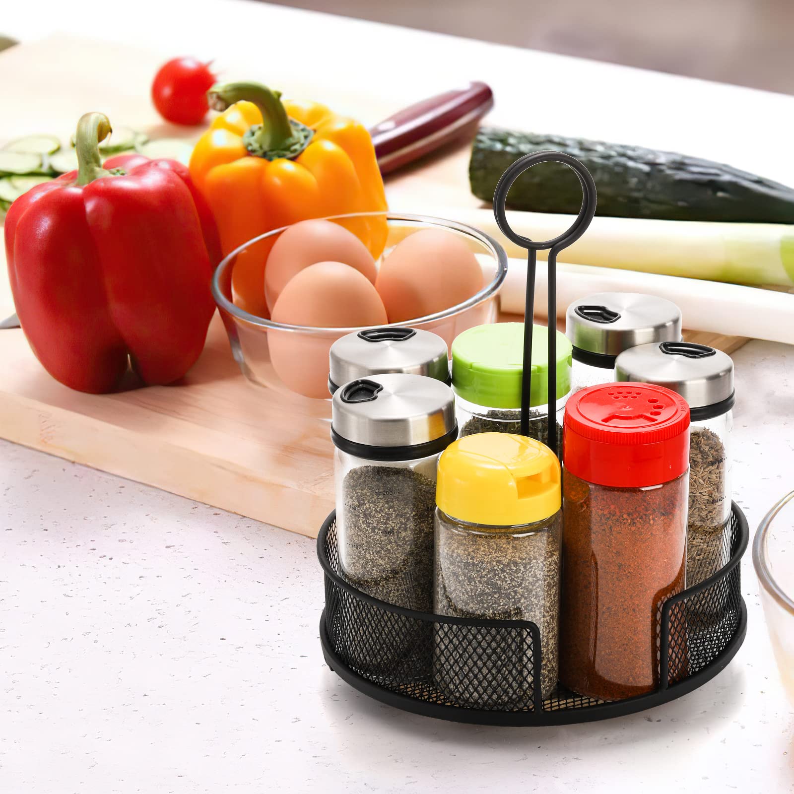 Yesland 2 Pack Metal Rotating Condiment Caddy With Number Card Holder, 7.75 Inch Round Table Caddy With Wooden Base Black Coated