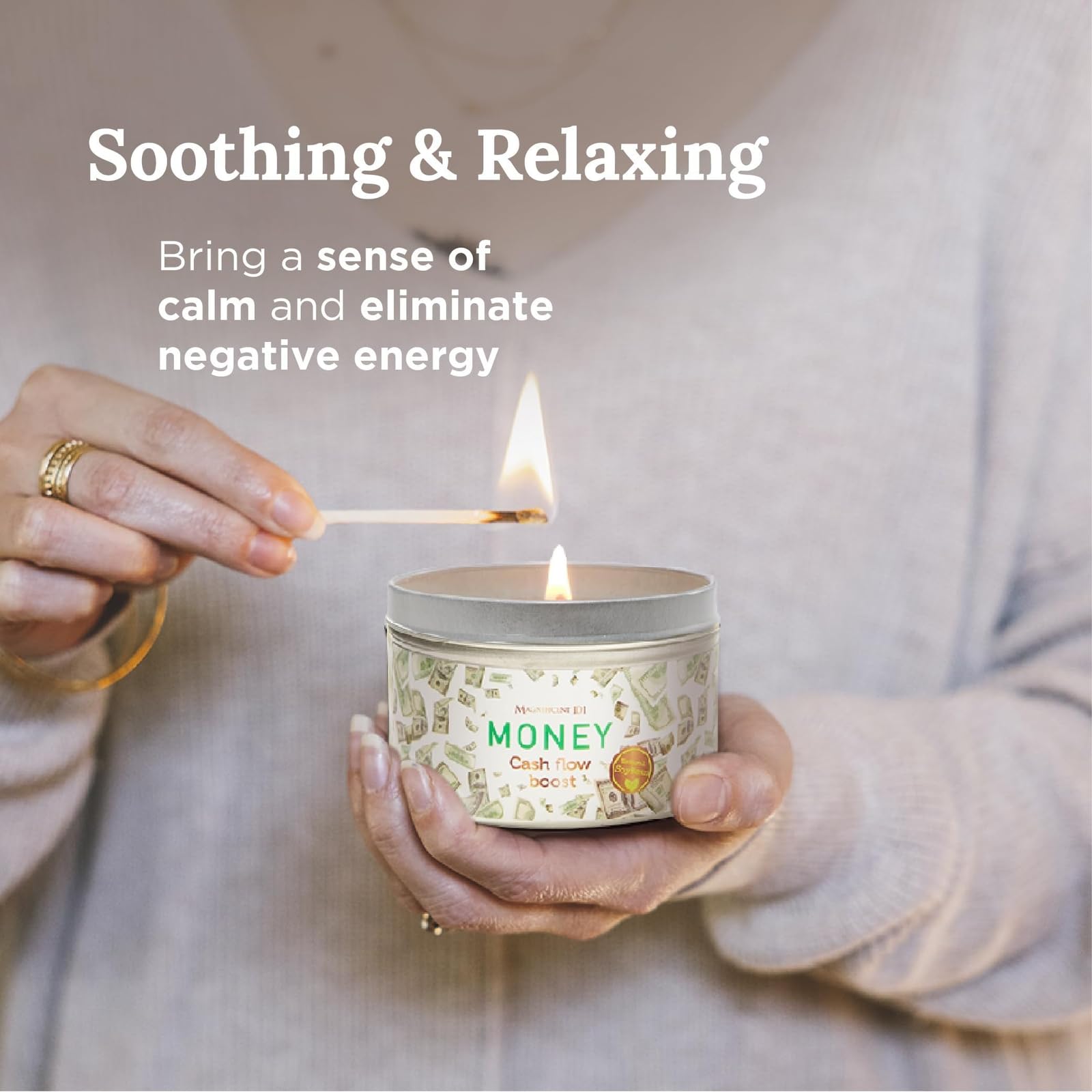MAGNIFICENT 101 Money Aromatherapy Candle for Getting a Cash Flow Boost - Sage Cinnamon Scented Natural Soybean Wax Tin Candle f