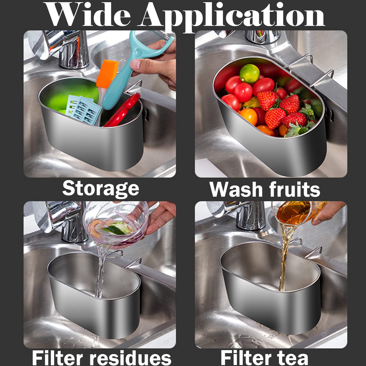 Stainless Steel Sink Drain Strainer Basket, Multifunction Hanging Sink Strainer Colander Drain Basket, Kitchen Sink Food Waste F