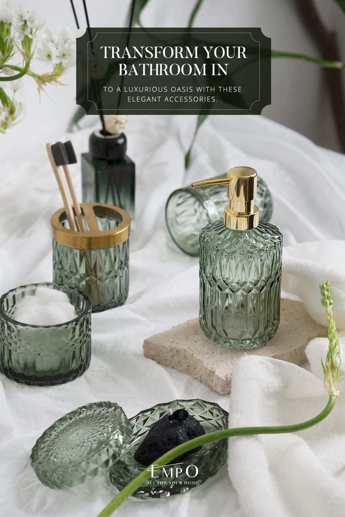 Empo 6Pcs Bathroom Clear Glass Accessories Set (Lotion Soap Dispenser, Soap Dish, Toothbrush Holder, Tumbler, Cotton Swab Jar),