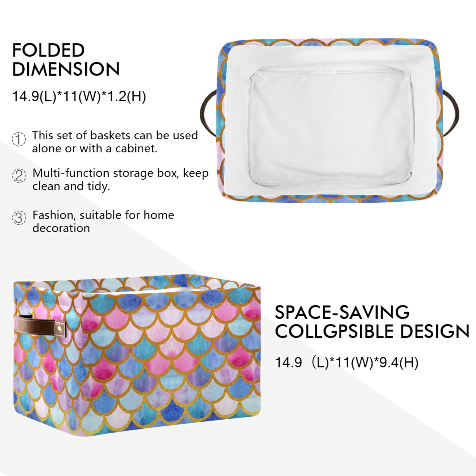 Rectangular Storage Basket Storage Bin - Mermaid Fish Scales Colorful Collapsible Storage Box With Leather Handles Shelves Baske