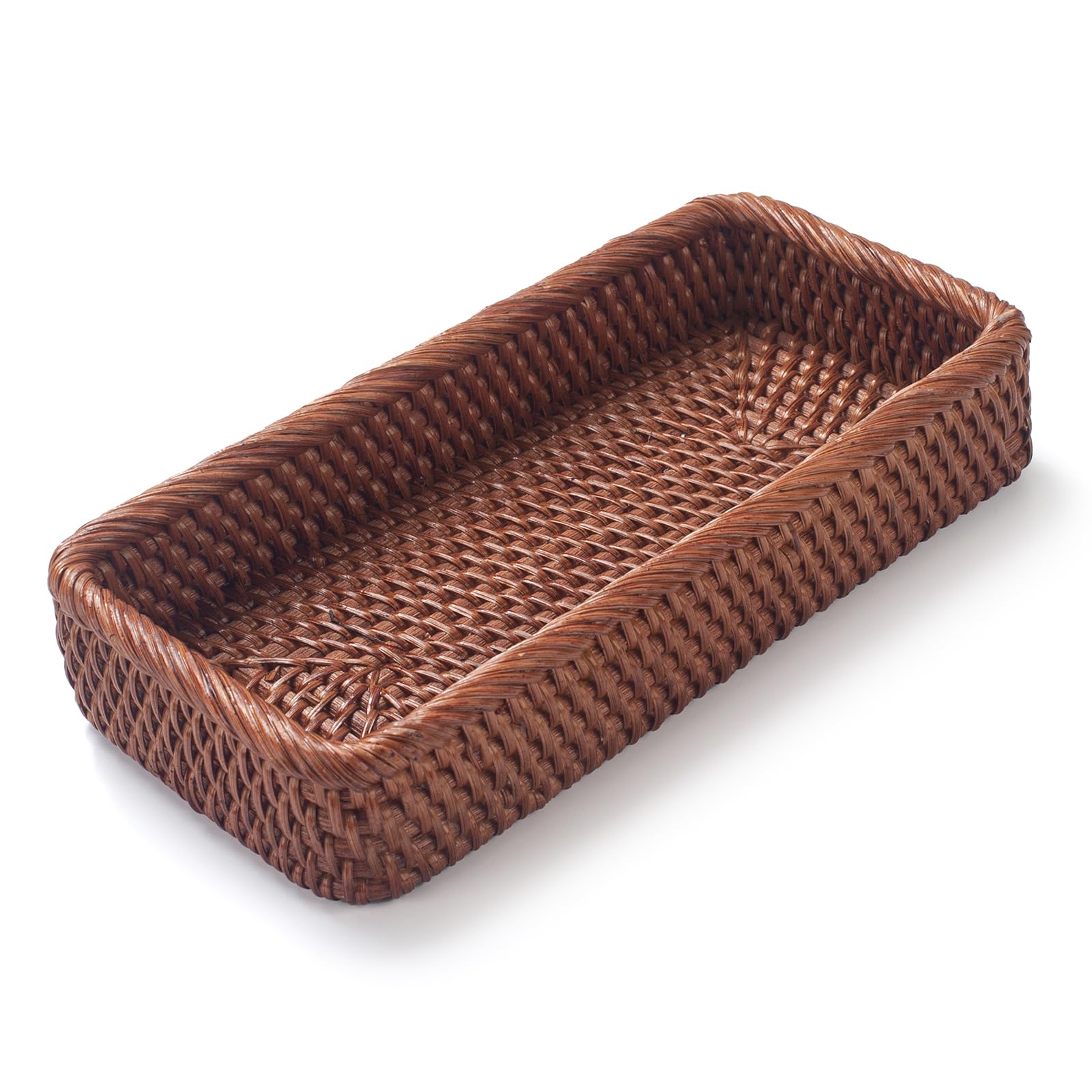 Rattan Bathroom Vanity Trays Toilet Tank Baskets Long Narrow Hand Towel Storage Basket For Storage, Decorative (Honey Brown 10.2